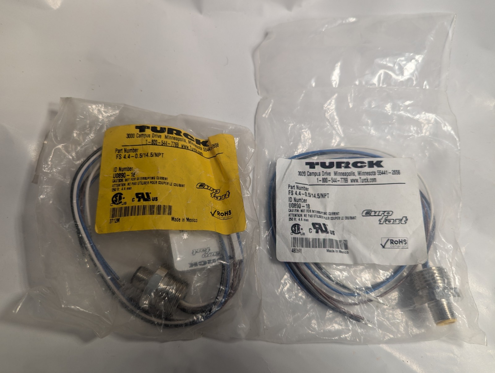 NEW LOT OF 2 GENUINE TURCK FS 4.4-0.5/14.5/NPT EURO FAST CONNECTOR U0890-18