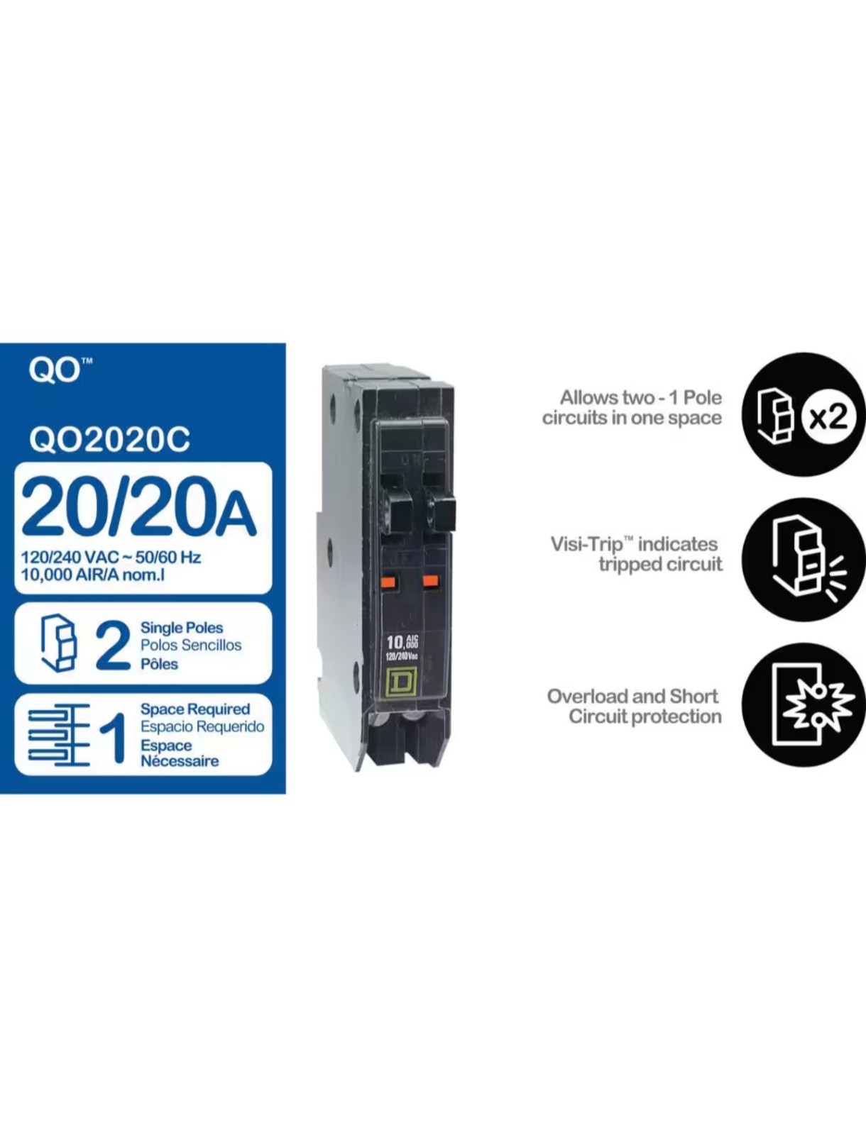 Square D QO2020C 2-20 Amp Single-Pole Tandem Circuit Breaker