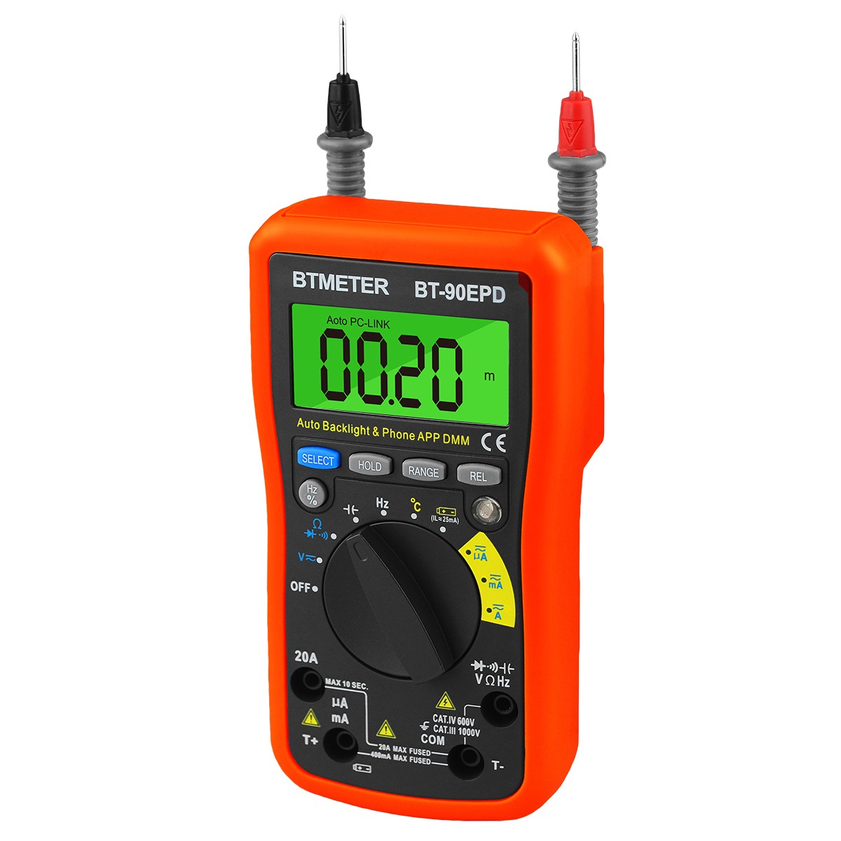 Multimeter Bluetooth 1832°F 5.12MHz 1000V 20A 4000C Auto-Range Data Hold Backlit