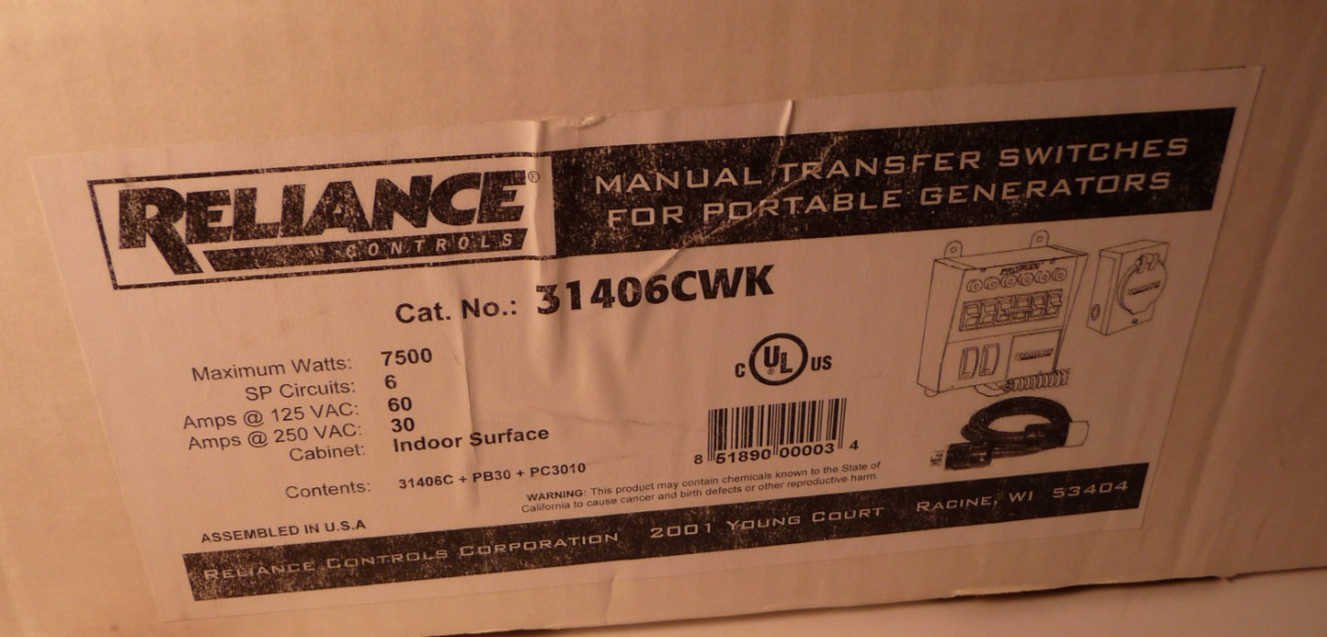 Reliance Controls Corporation 31406CWK 30 Amp 6-circuit Pro/Transfer Switch Kit