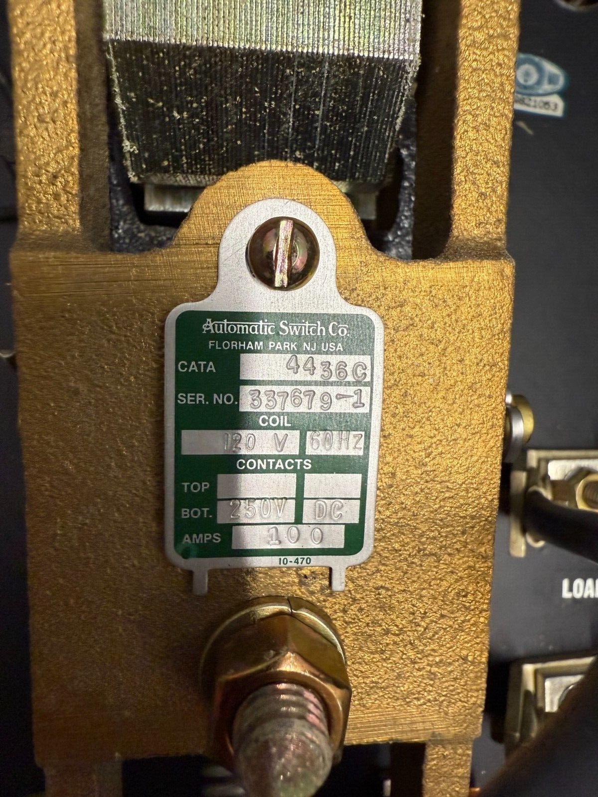 ASCO Automatic Open Transfer Switch 4436C 250VDC 100A Contacts, 120VAC Coil