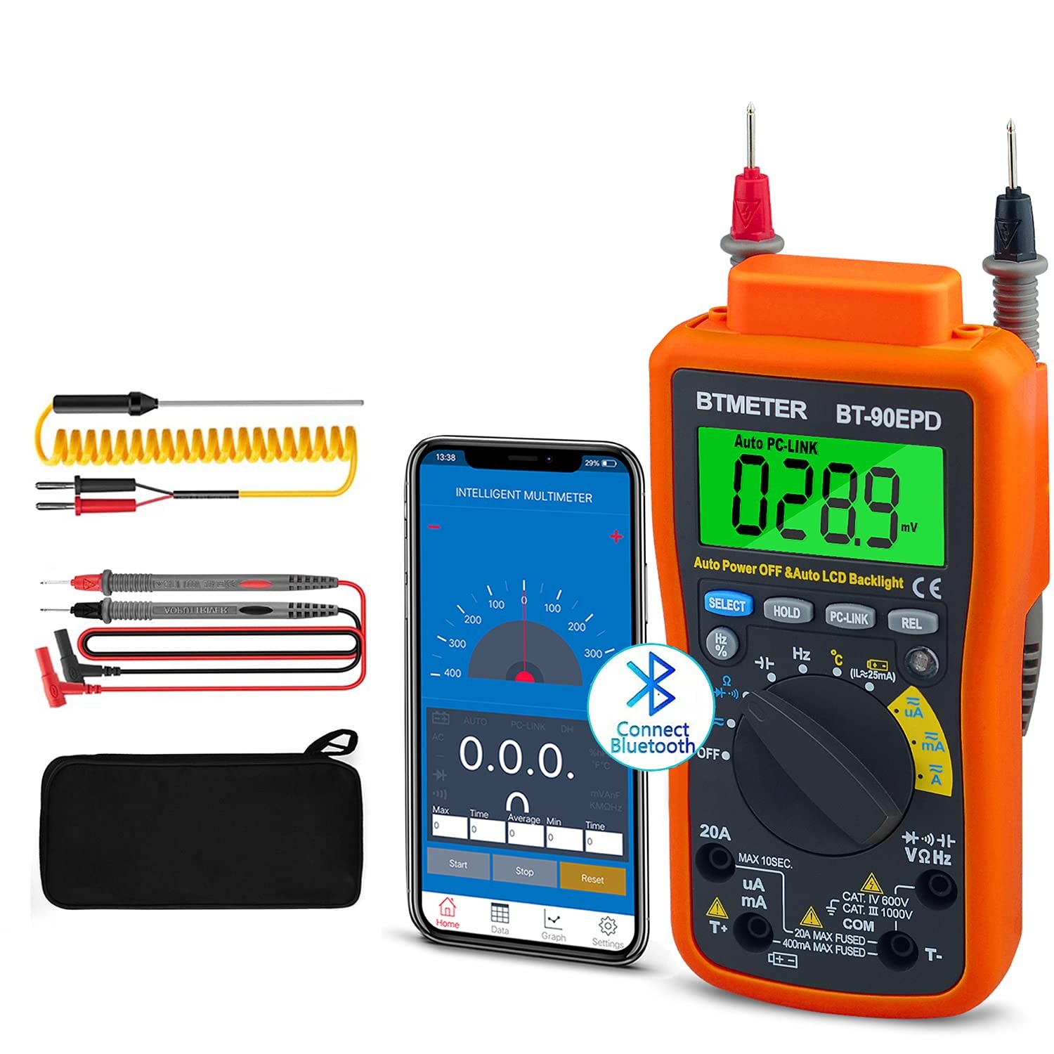 Multimeter Bluetooth 1832°F 5.12MHz 1000V 20A 4000C Auto-Range Data Hold Backlit