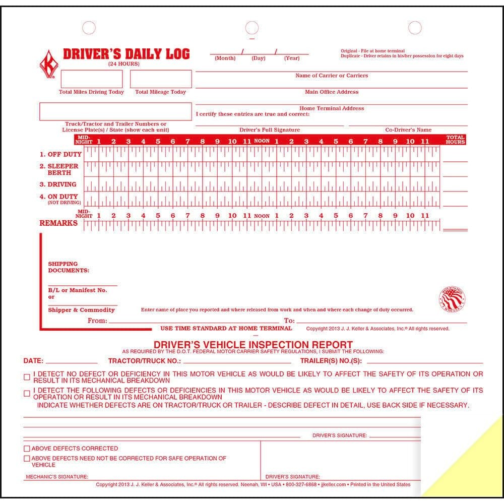 J. Keller Mid-Size Driver Daily Log with DVIR 2-Ply 8.5″ x 8.25″
