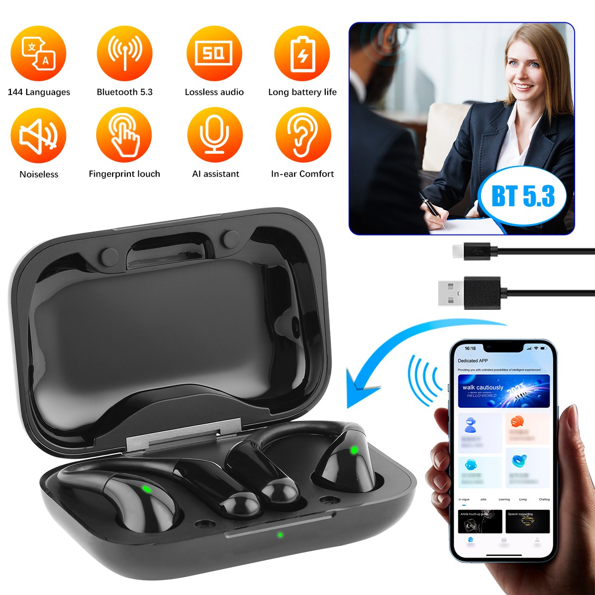 144+Language Translator Earbuds Bluetooth 5.3 Wireless Headphones Air Conduction