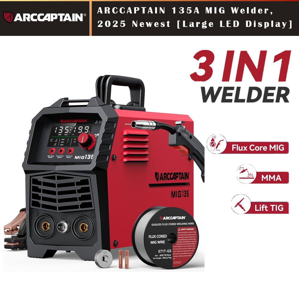 ARCCAPTAIN 135A MIG Welder Flux Core MIG Lift TIG Stick Large LED Display Welder