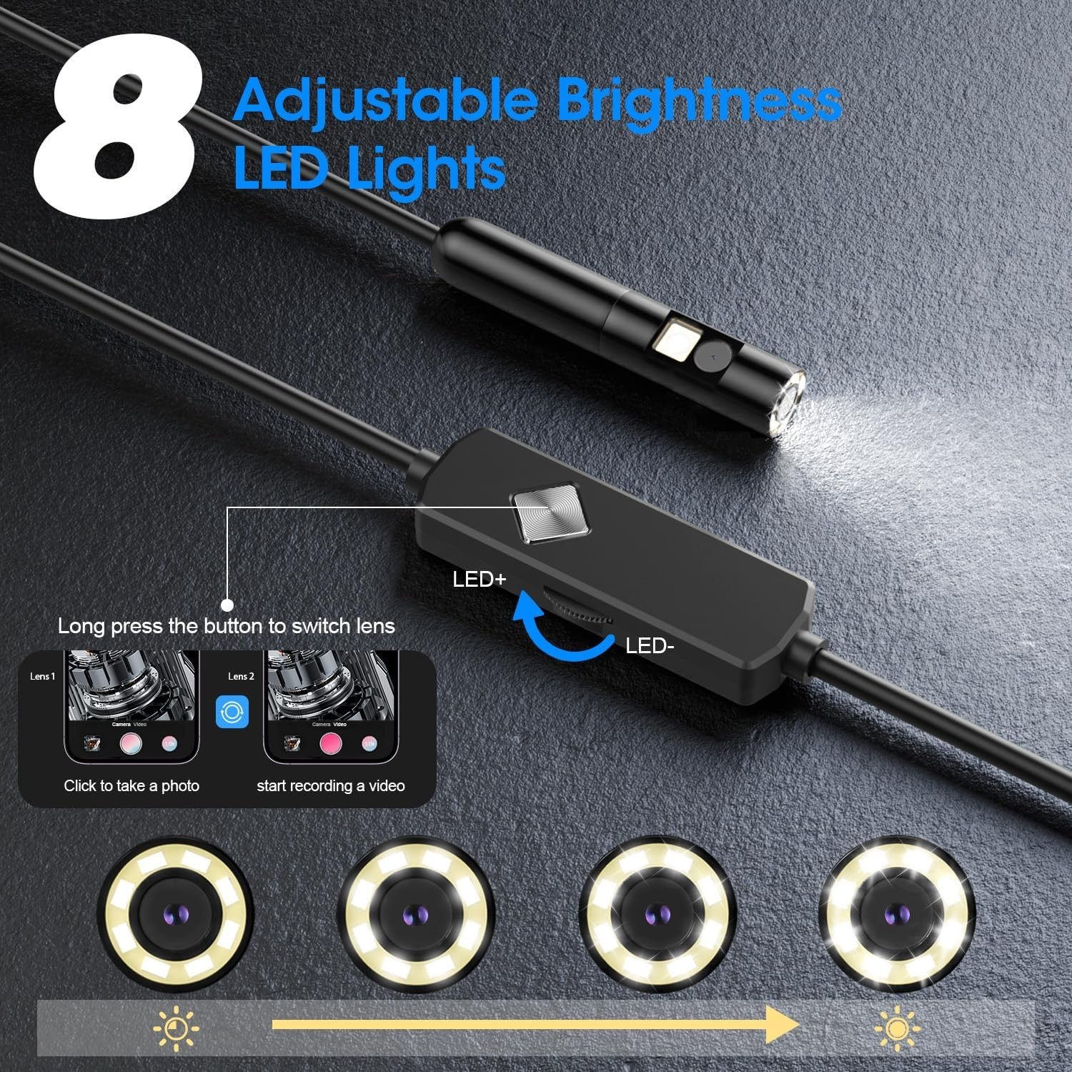 Endoscope with Light, 1920P HD Borescope with 8 Adjustable LED Lights, Semi-Rigi