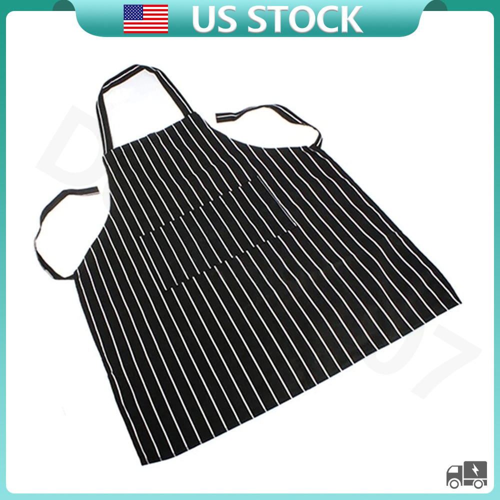 Adjustable Chef Apron with Two Pockets Striped Kitchen Bib For Men and Women