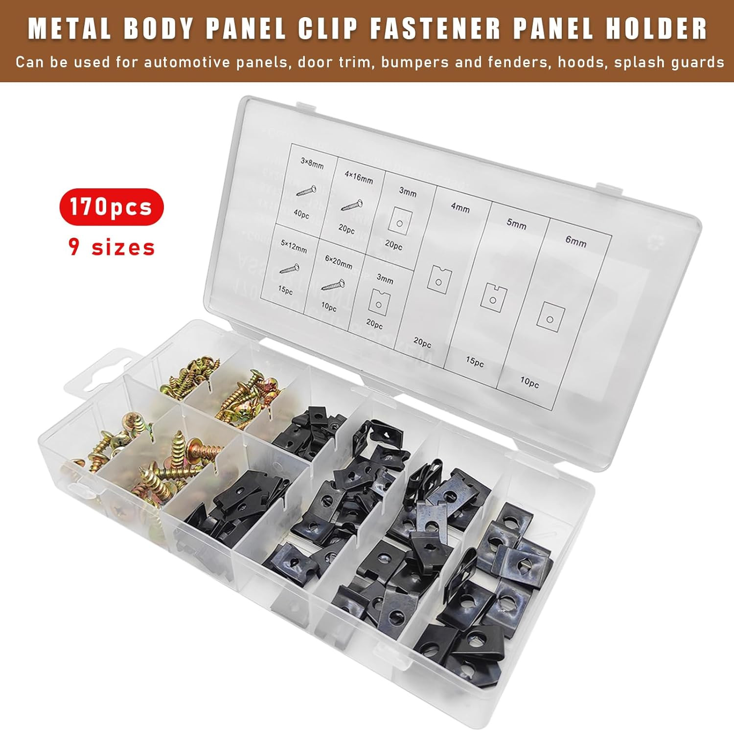 170 PCS Car U-Clip and Screw Assortment Kit, Auto U Nut and Screw Clip, 9 Sizes