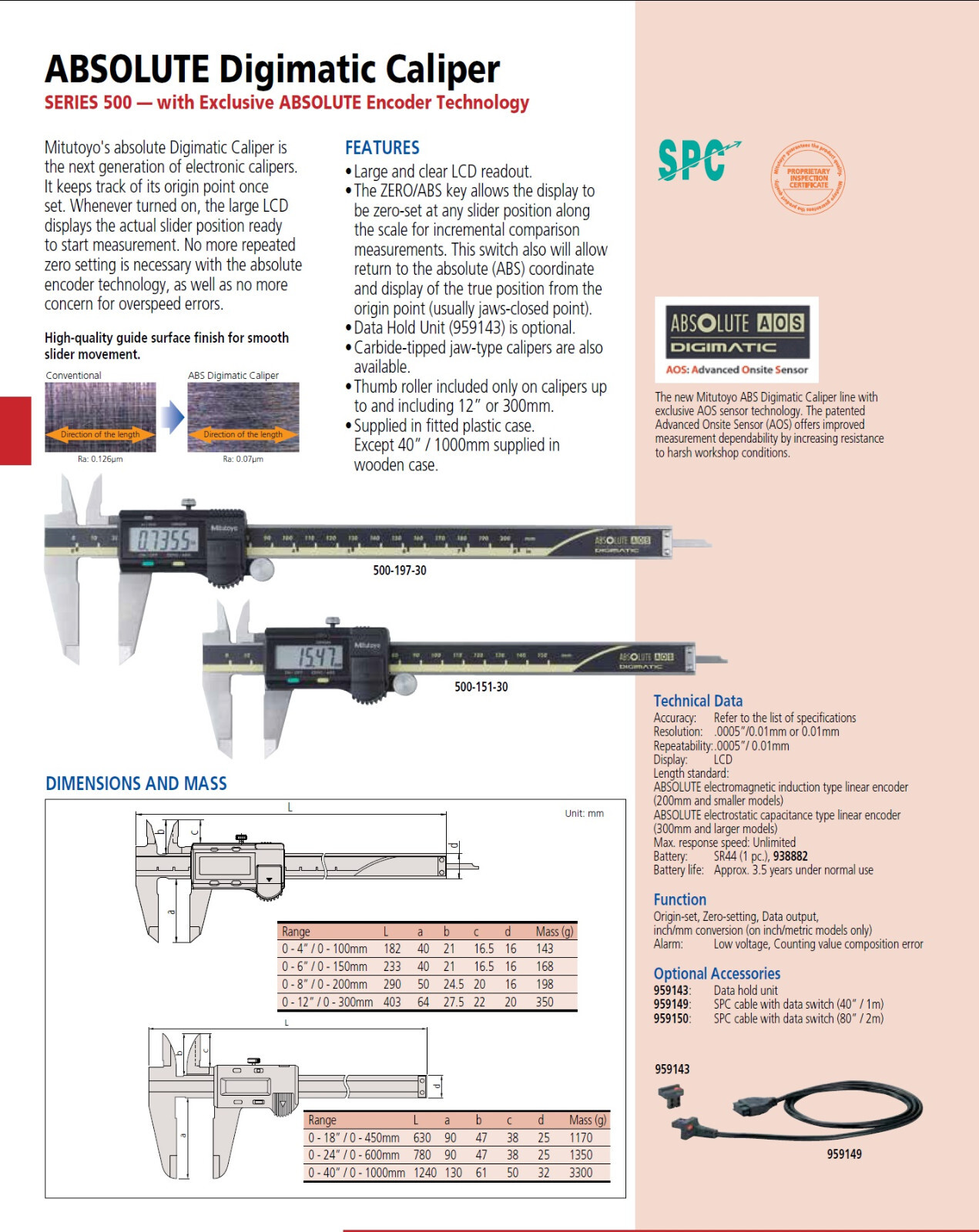 Mitutoyo 500-196-30 Digimatic Caliper 0 – 6″/0 – 150mm CD-6ASX
