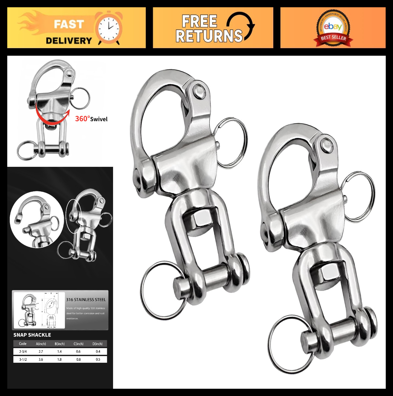Quick Release Snap Shackle, Marine Grade 316 Stainless Steel Clevis Hook, Sailbo