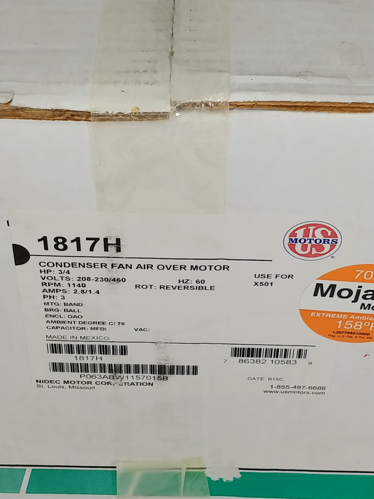 US Motors 1817H Mojave 600W Condenser Motor 56Z 1140 RPM 3/4 HP 208V-230V/460V
