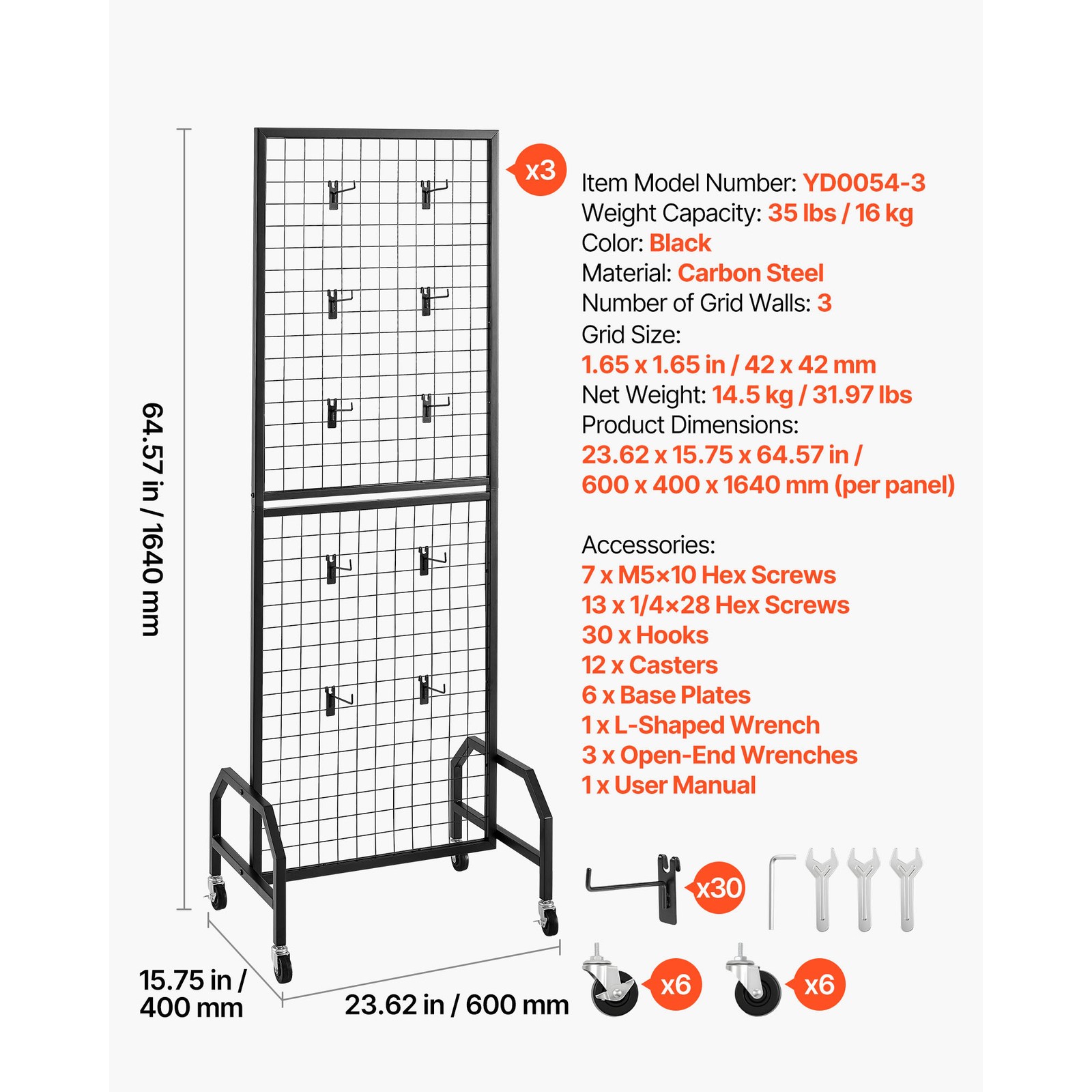 Uimoso 3-Pack Grid Wall Panels 1.9 x 5.4ft Wire Display Rack with Wheels & Hooks