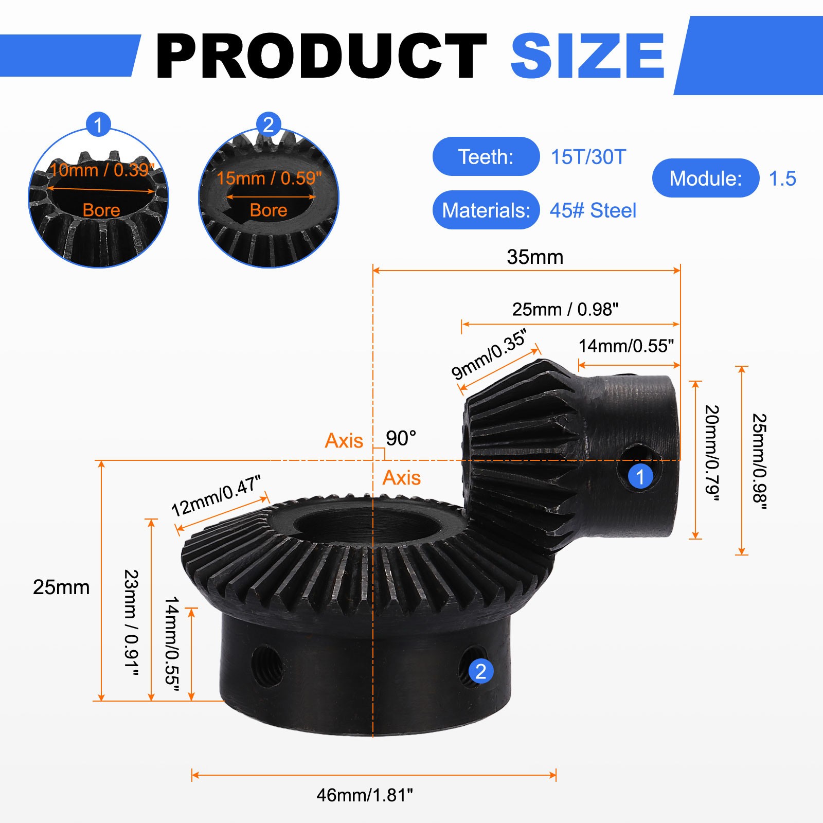 2pcs Tapered Gears 1.5m 1:2 (15T/30T) 10/15mm Shaft Hole
