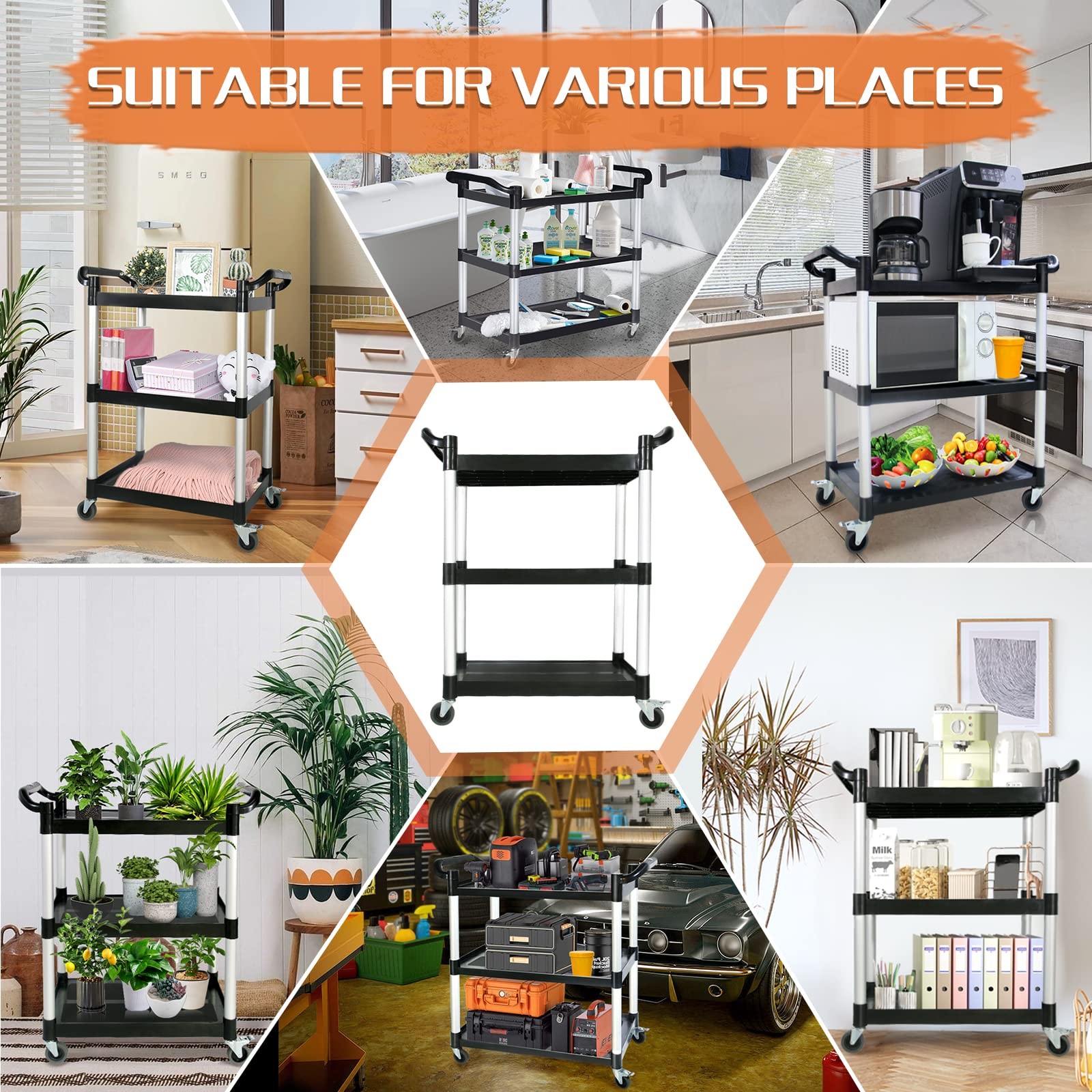 SFESGRER SFES-001 3-Tier Rolling Utility Cart 510 LBS 31.5″X16.9″X38.9″ Black