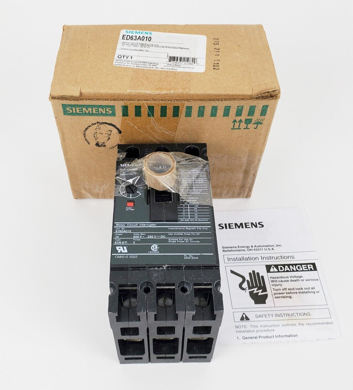 Siemens ED63A010 Circuit Breaker Sentron 10A 600VAC 3P, New!