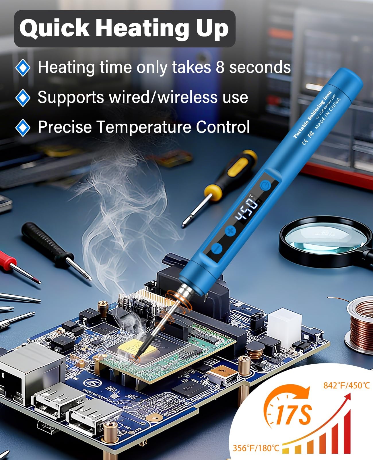 Cordless Soldering Iron Kit – 1100mAh USB Rechargeable Portable Blue