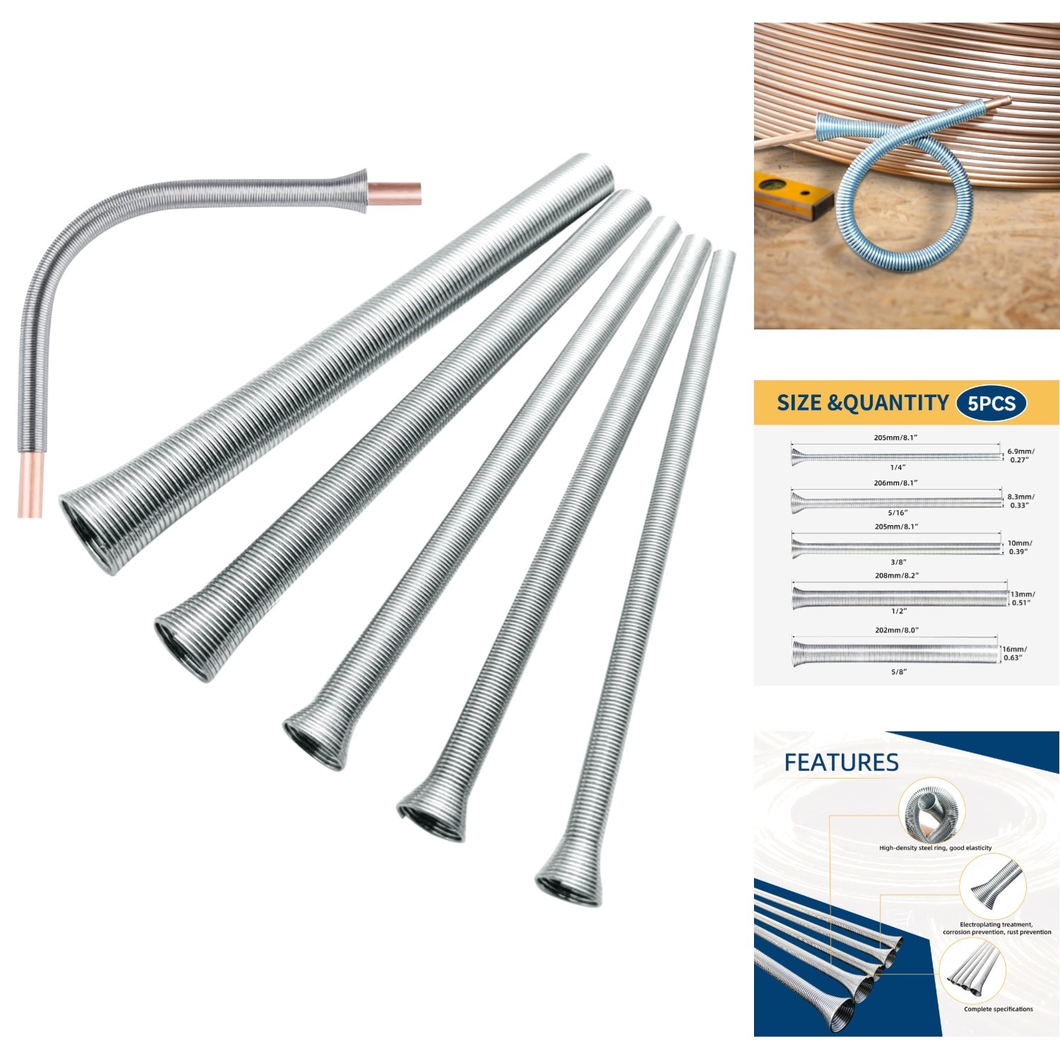 Spring Tubing Bender 5-in-1 Copper Pipe Tool for Brake, HVAC Lines, 1/4-5/8»