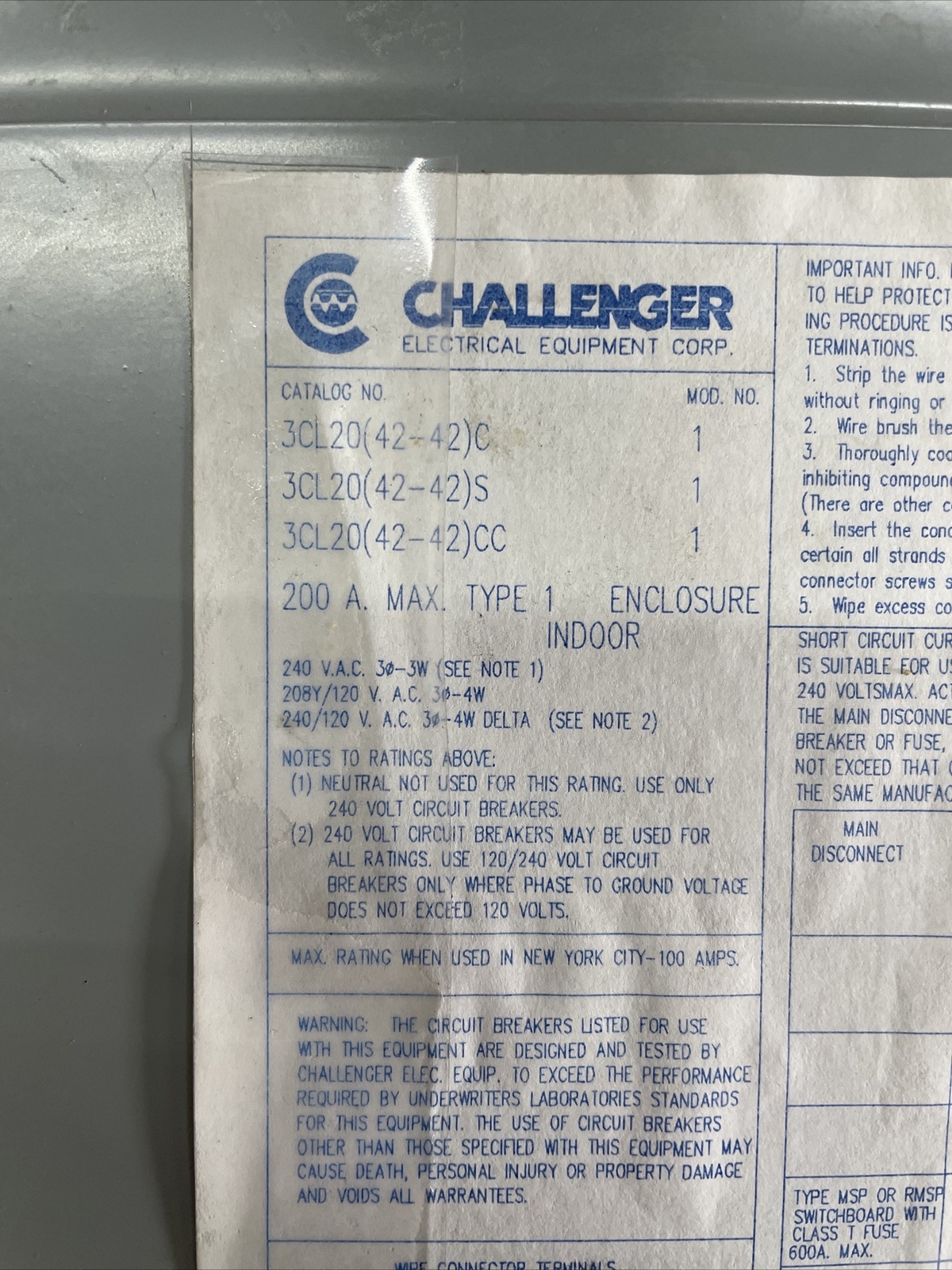 CHALLENGER – MAIN LUG ONLY – 3CL20 – 200 A 120/240V 3PH