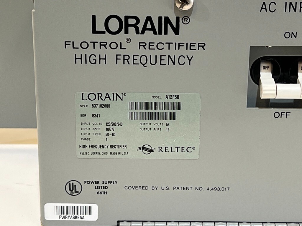 Reltec Lorain High Frequency Rectifier Model A12F50 58V 12A Power Supply