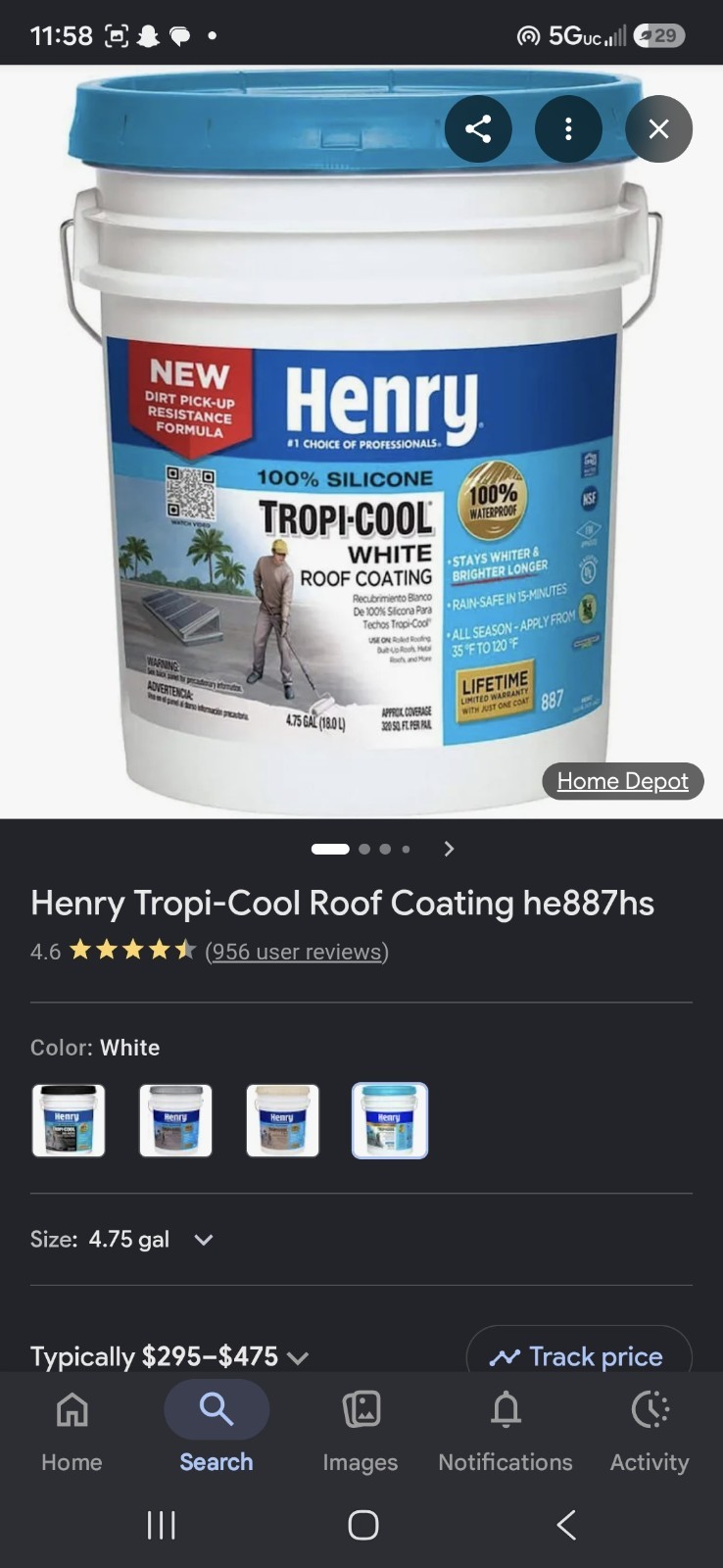 Henry 887 Tropicool 4.75 Gal Silicone Reflective Roof Coating – HE887HS018