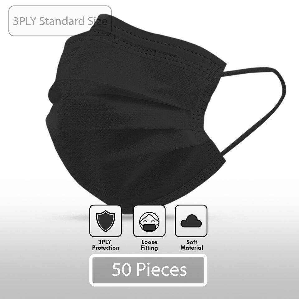 50PCS 3PLY Protective Face Mask Disposable Non Medical Surgical Dust in BLACK