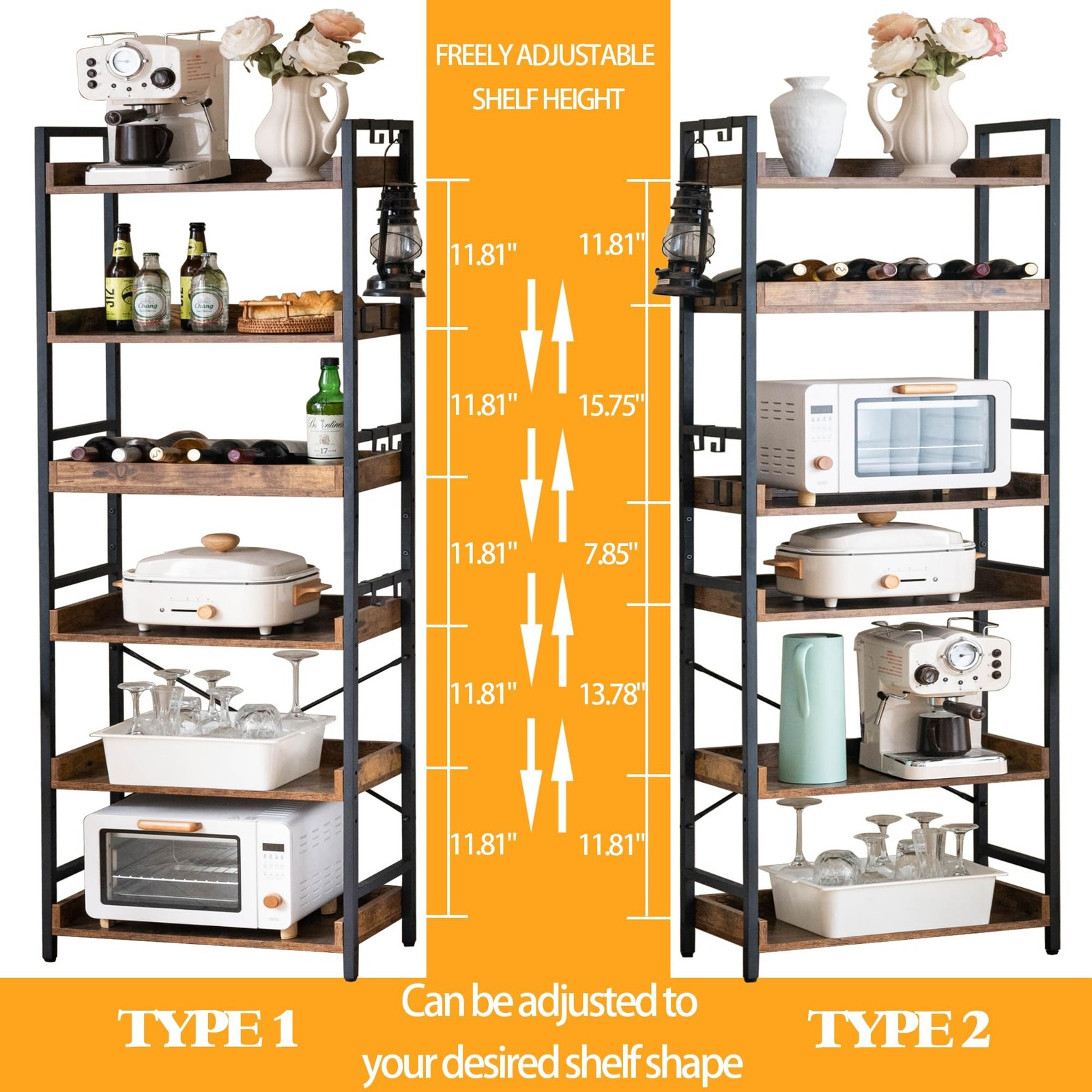 HCHQHS Adjustable 6 Tier Open Bookcase, Black Metal, Rustic Farmhouse