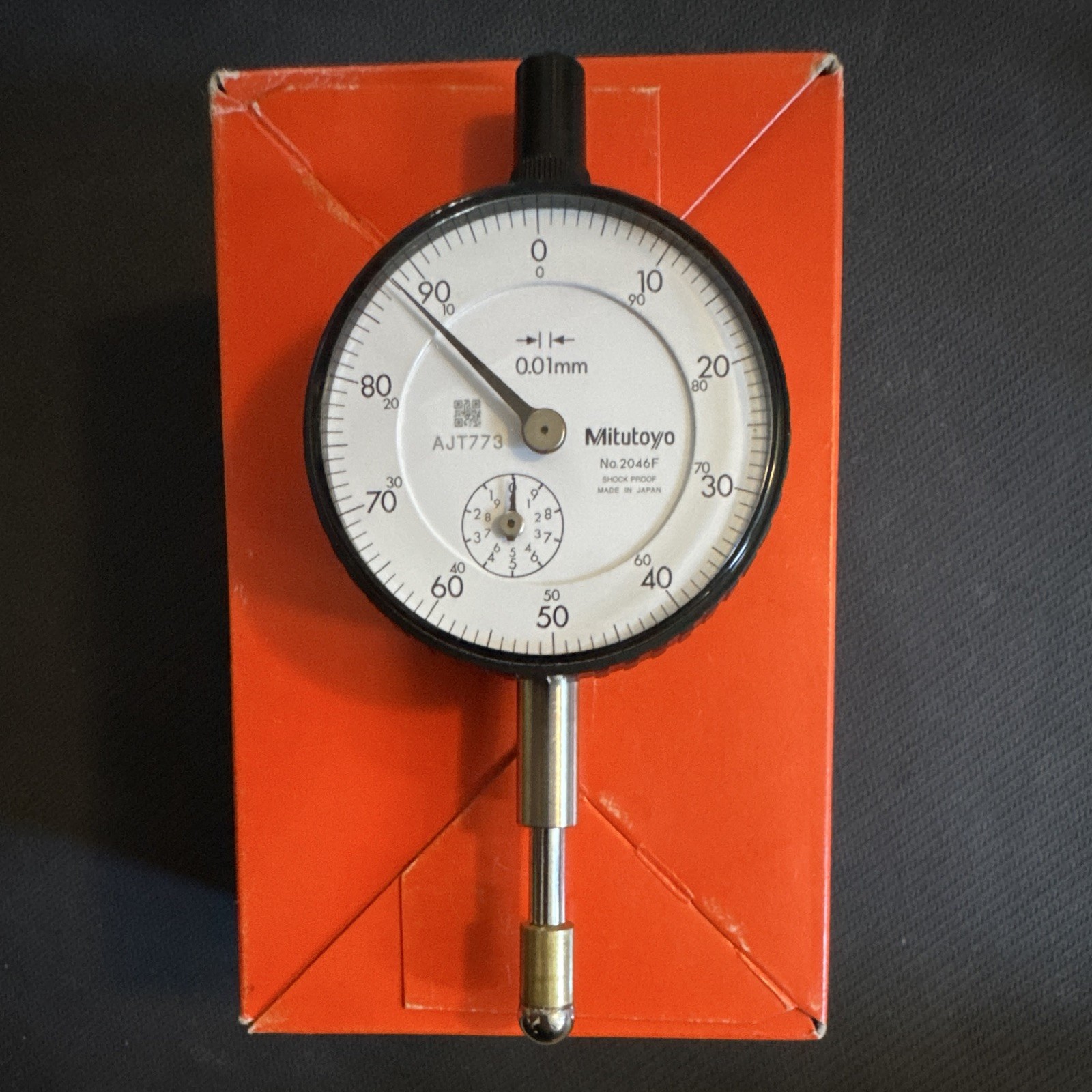 Mitutoyo Dial Indicator 0.01mm 0-10mm 2046FEB Lg Dial Flat Back Ball Tip NOS