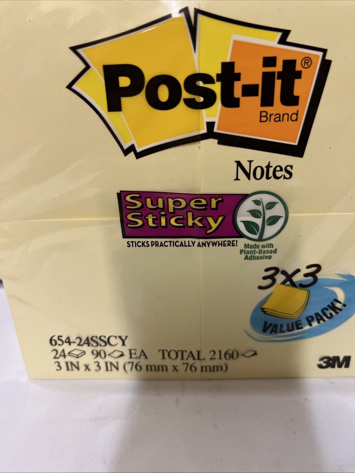 Post-it Notes Super Sticky 65424SSCY 3 in. x 3 in. Pads – Canary YL (24/PK) New