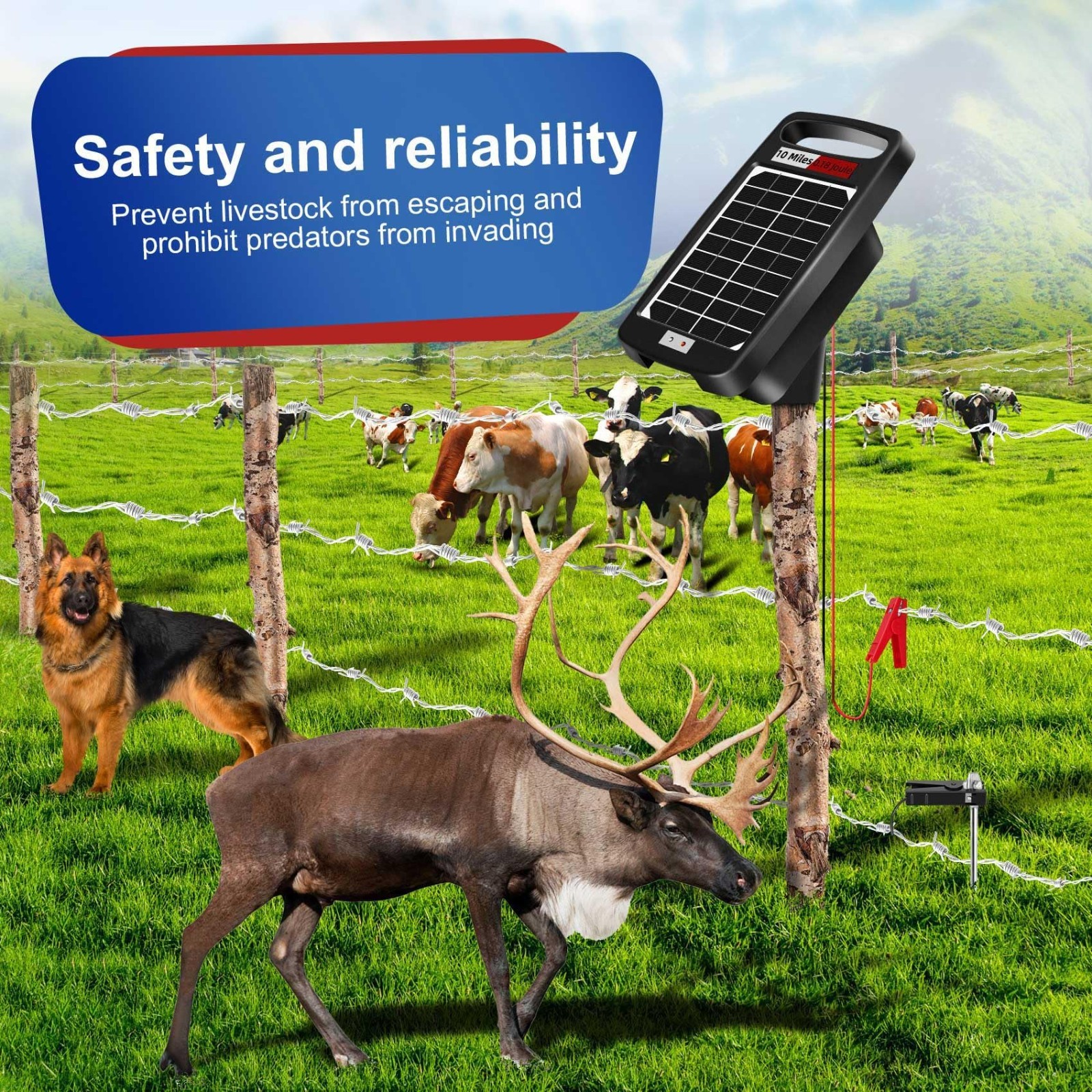 Solar Powered Electric Fence Charger 10 Miles – 0.18J, Portable Energizer for Li