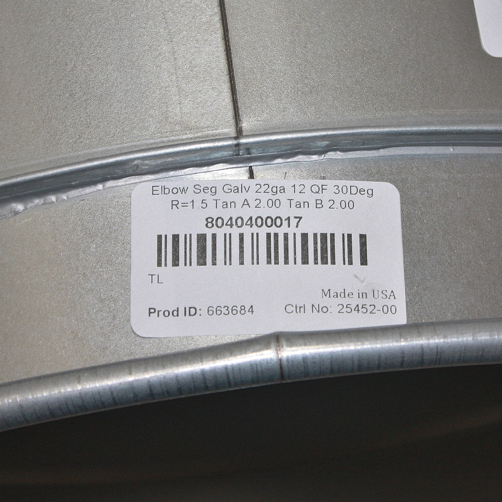 Nordfab 30° Elbow Duct Fitting 8040400017, 12″ Round, 22 ga Galvanized Steel