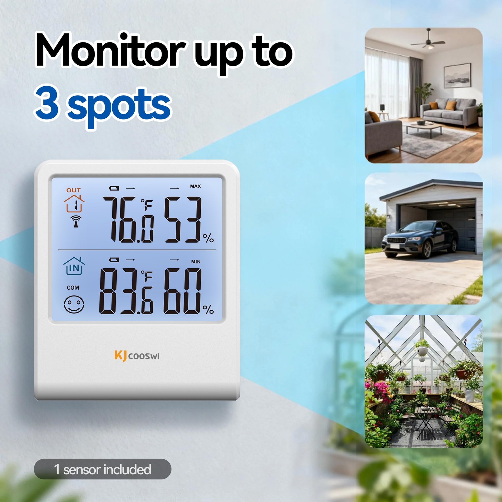 Wireless Digital Thermometer Hygrometer, 328ft Range, Backlit LCD Display