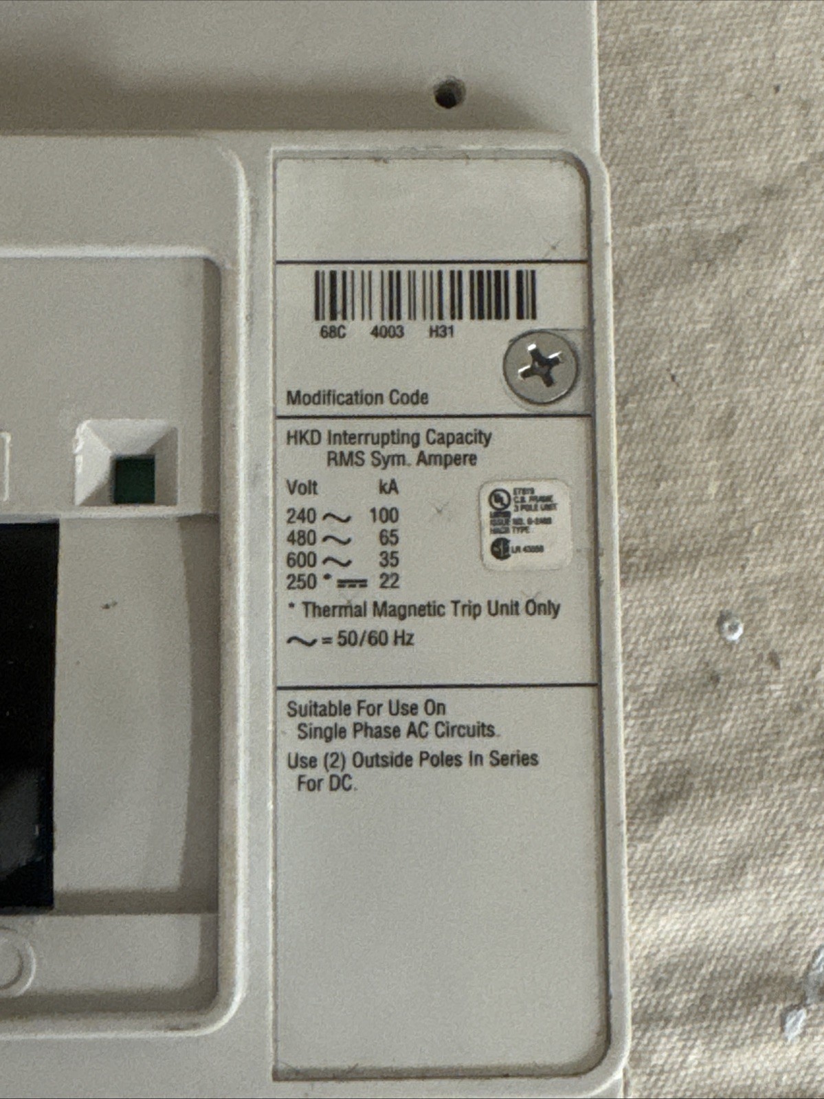 Eaton HKD3400F 400amp 600v 3phase Circuit Breaker