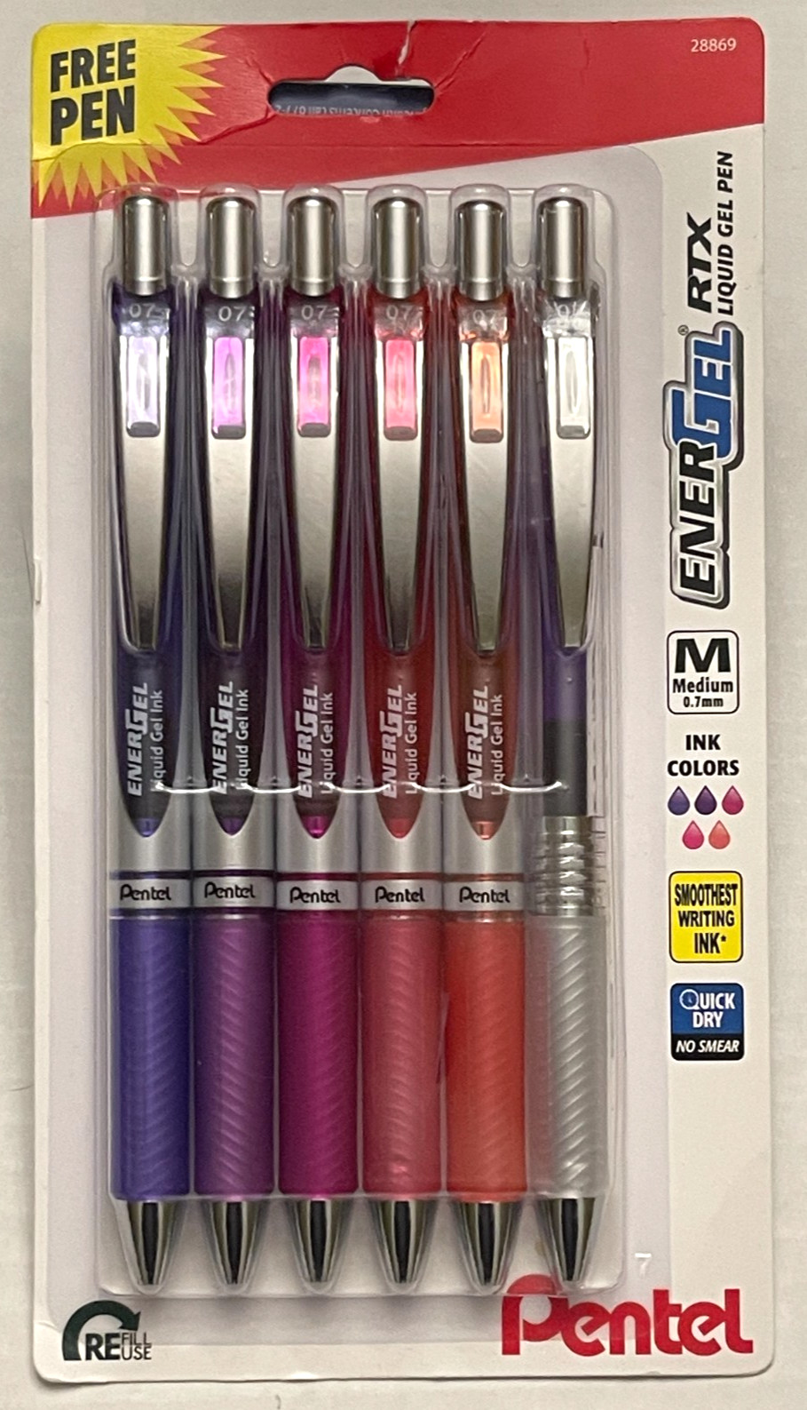 Pentel EnerGel RTX Retractable Liquid Gel Pen, 6 pack Assorted Colors