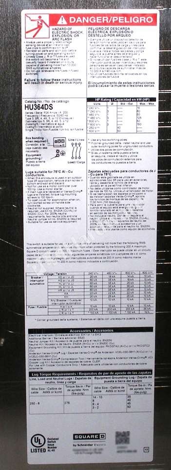 Surplus Schneider Electric HU364DS Square D Safety Switch 3-Phase 200A 150HP