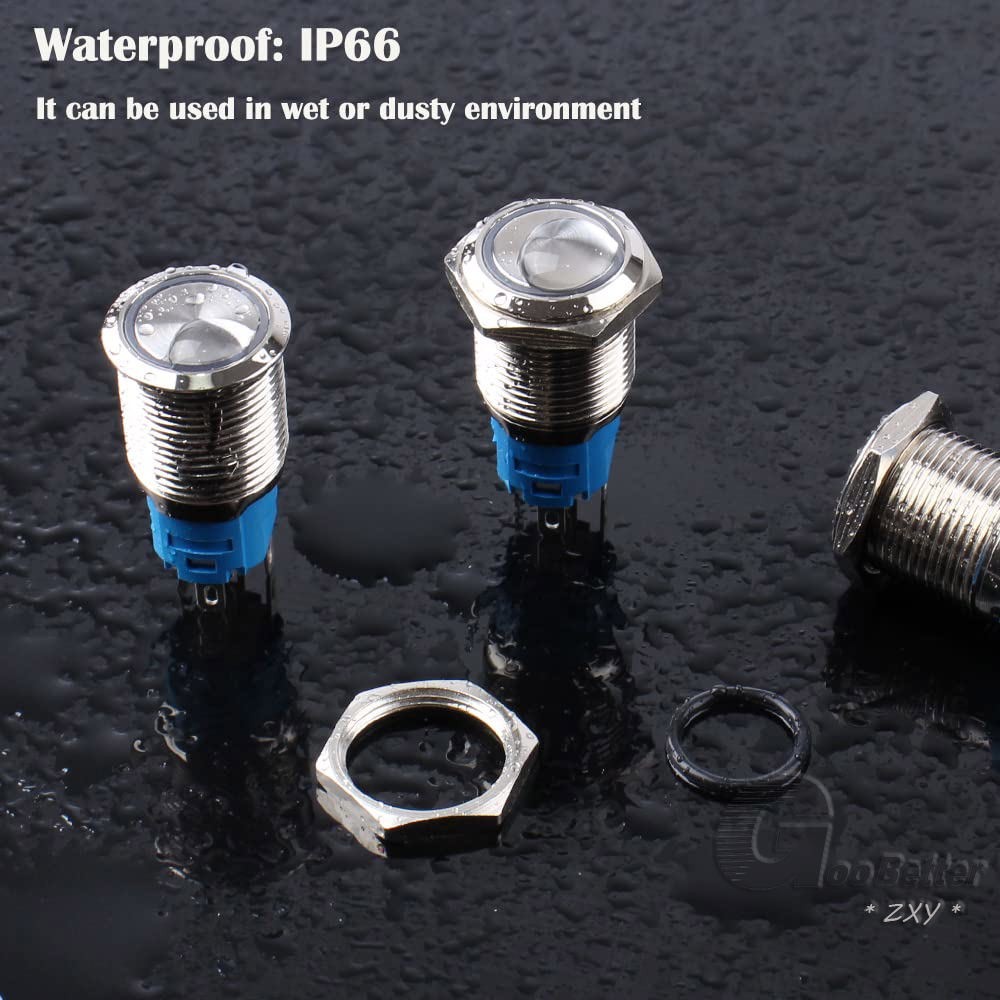 12mm LED ON OFF Waterproof Stainless Steel Latching Push Button Ring Switch