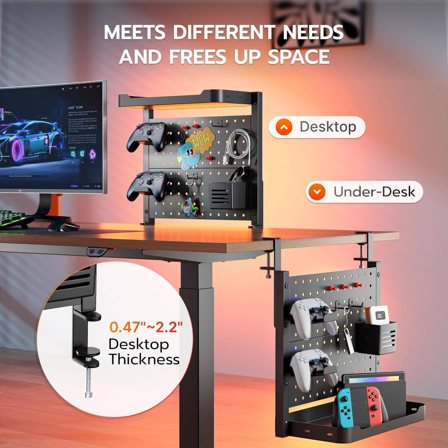 Desk Clamp On Pegboard with 16 inches Organizer Shelf, Adjustable Above or Under