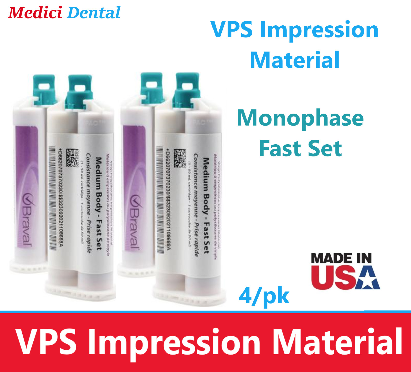 Dental Impression Material, VPS Monophase Fast Set, 4 x 50ml, Made in US Ex:2026