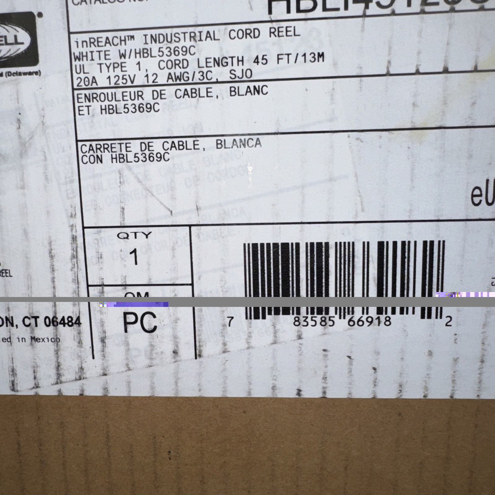 Hubbell HBLI25123C20 Industrial / Commercial Cord Reel 45 ft. NEW (strapped box)