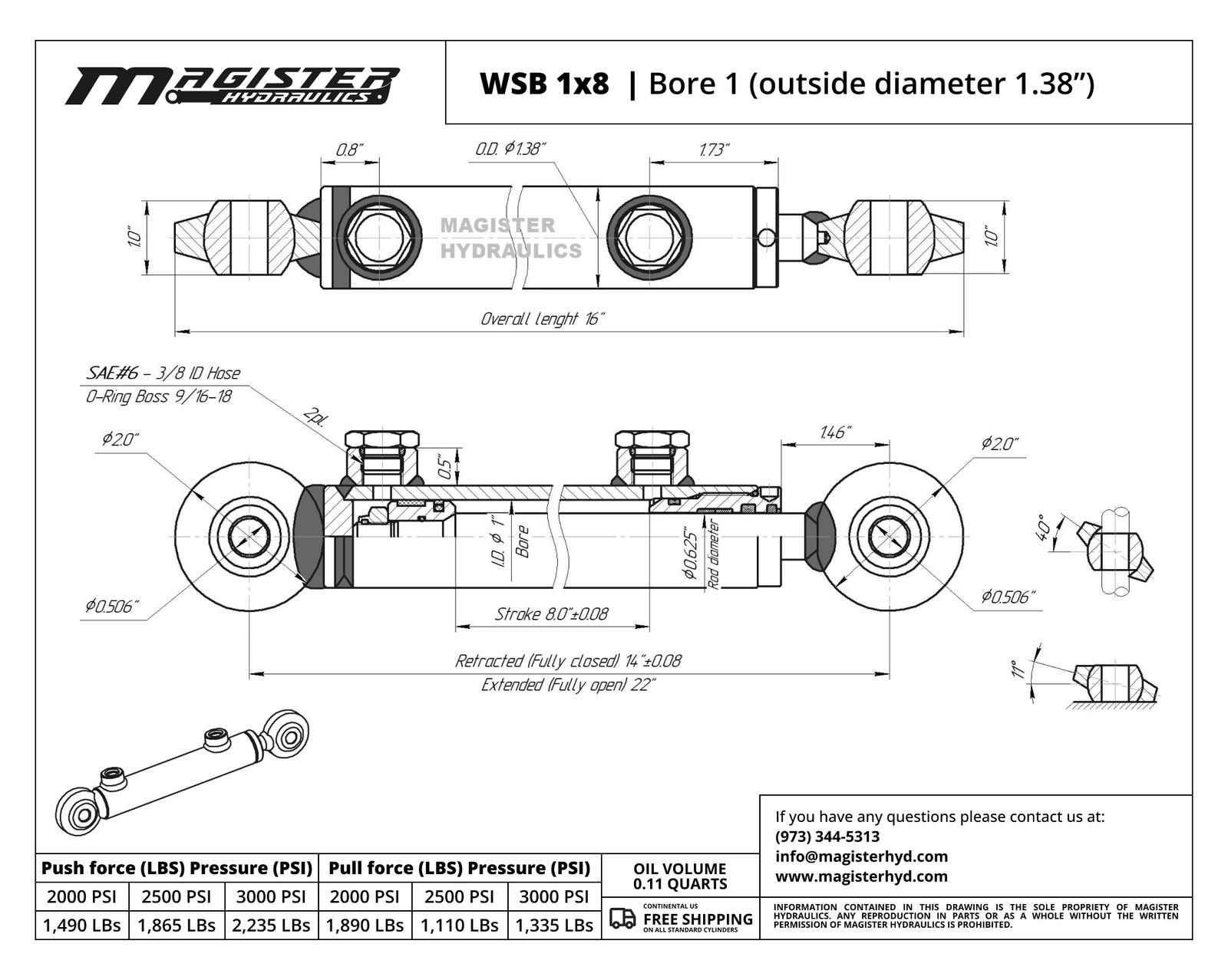 Hydraulic Cylinder Welded Double Acting 1″ Bore 8″ Stroke Swivel Ball/Eye