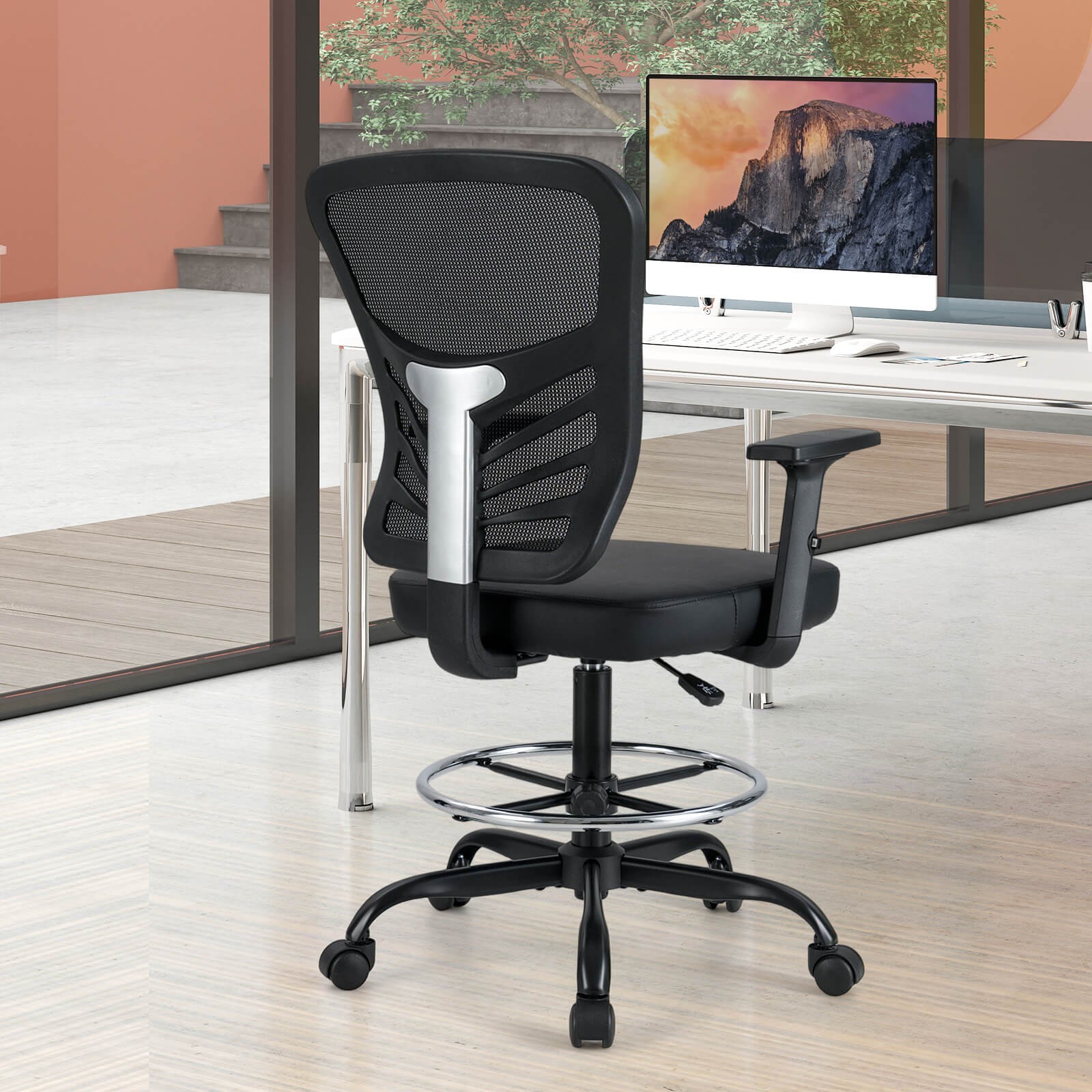 Costway Mesh Drafting Chair Office Chair w/Adjustable Armrests & Foot-Ring Black
