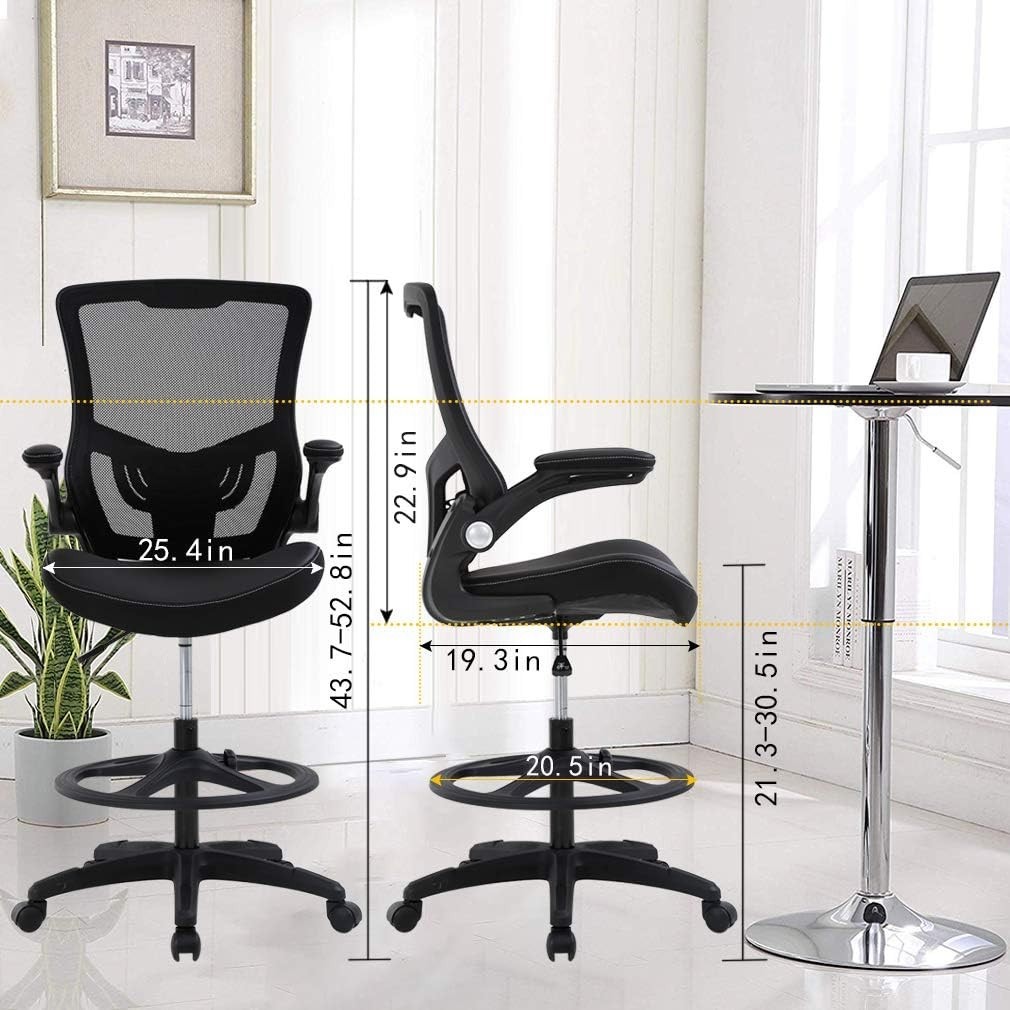 Tall Drafting Office Chair with Back Support & Foot Rest – Mesh and Faux Leather