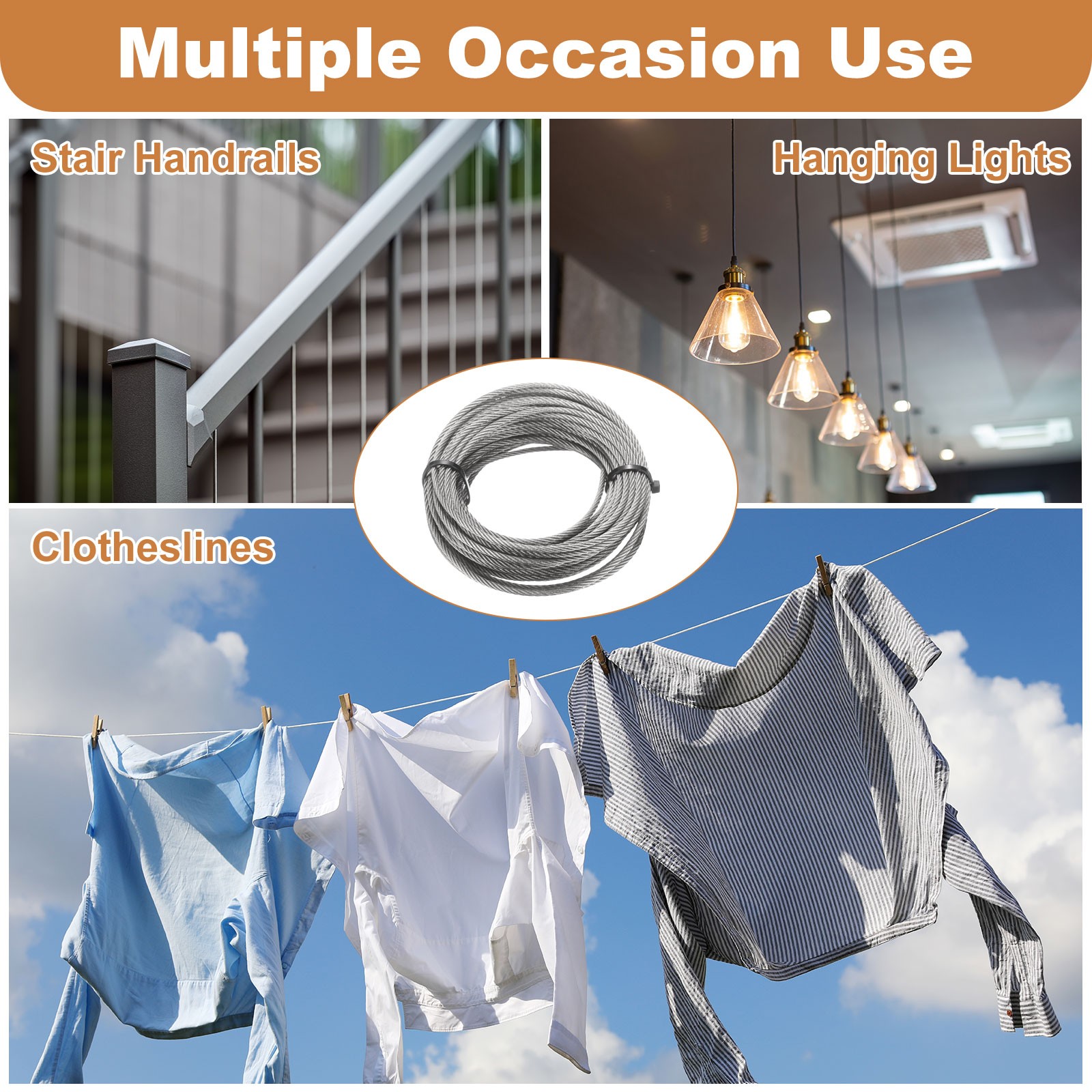 33ft (10M) 2.5mm Stainless Steel Wire Rope 7×7 Strand with 20pcs Loop Sleeves