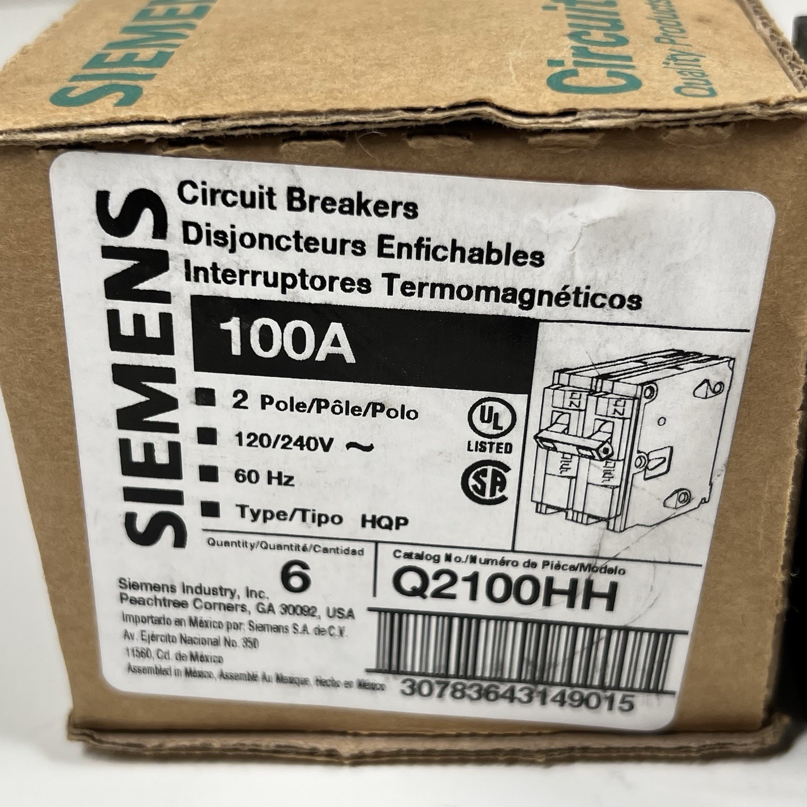 (1) Siemens Q2100HH 100 Amp, 2 Pole, 120/240VAC Bolt-On Circuit Breaker New