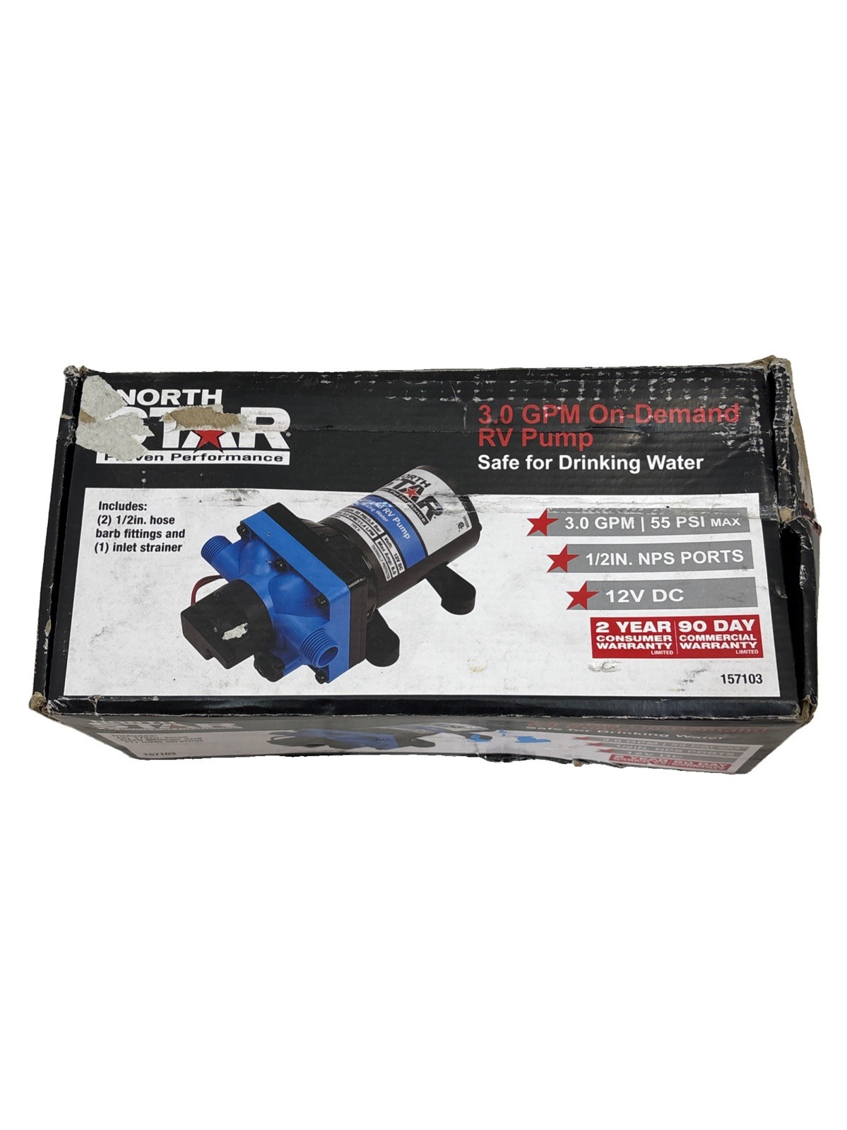 NorthStar 12 Volt On-Demand RV Potable Water Pump – 3.0 GPM – 1/2in. NPS-M Ports