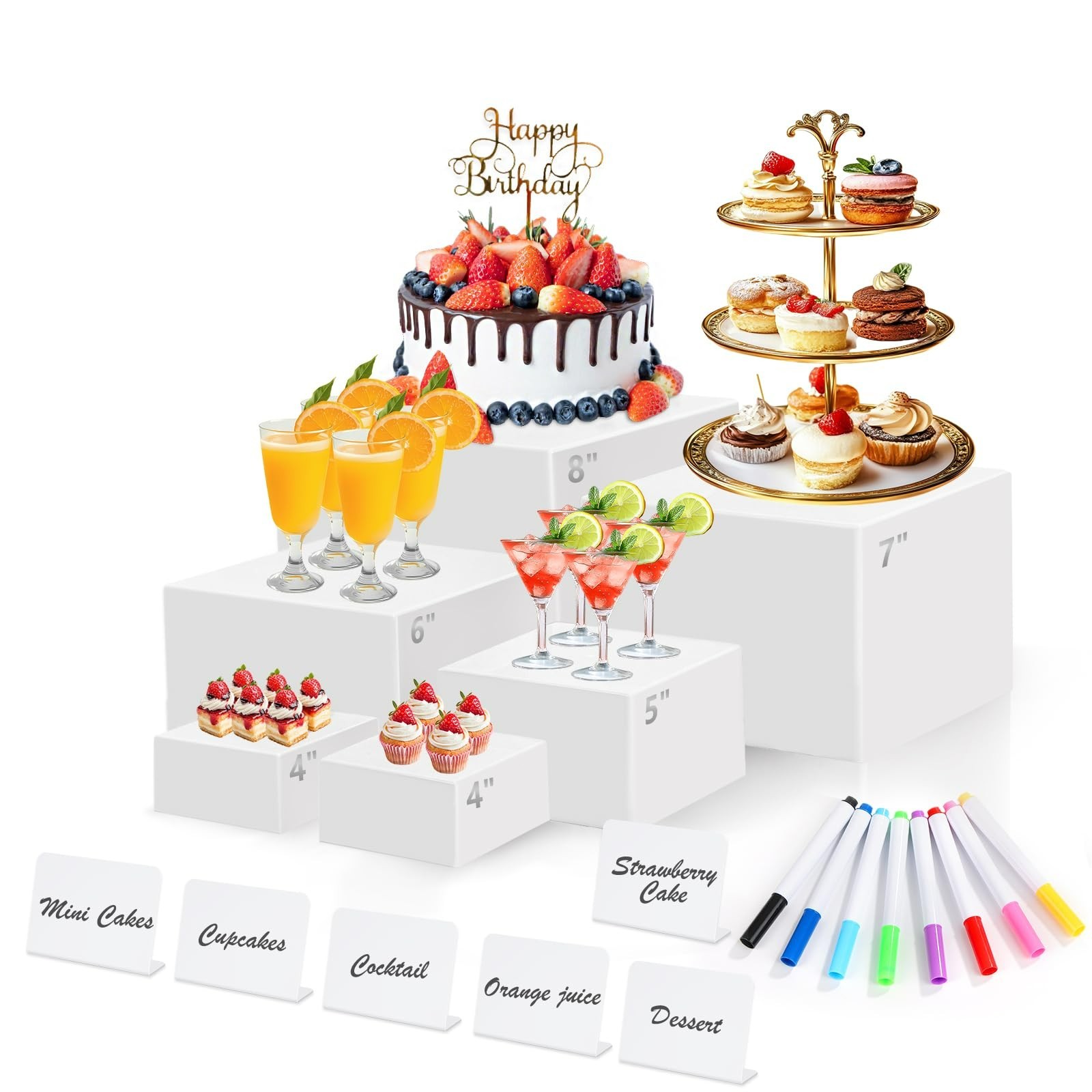 6 Pcs White Acrylic Buffet Risers with Mini Sign and Maker, Food Display Stands