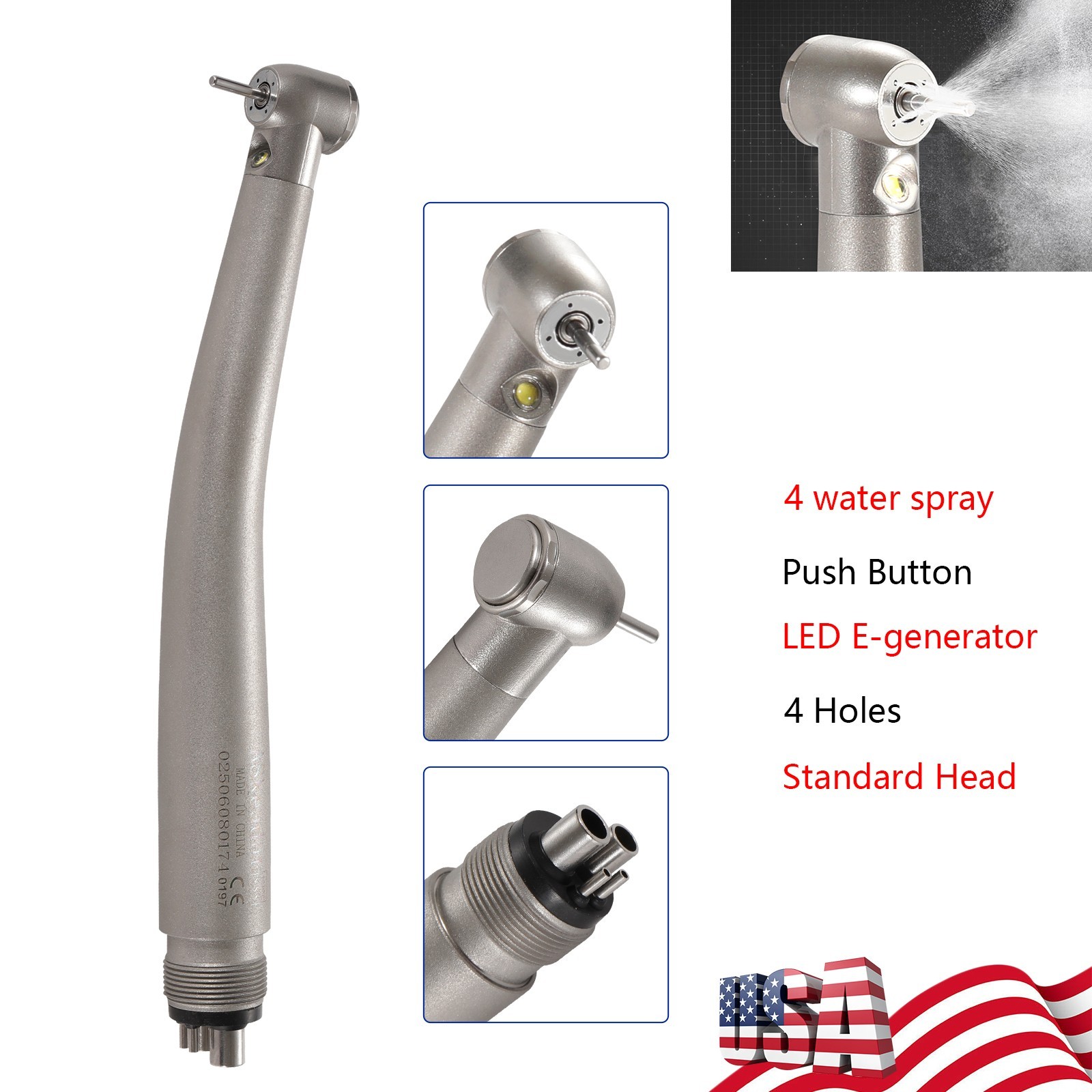 Dental 1:1 Fiber Optic Handpiece Internal Spray Contra Angle fit E-Type Motor DS