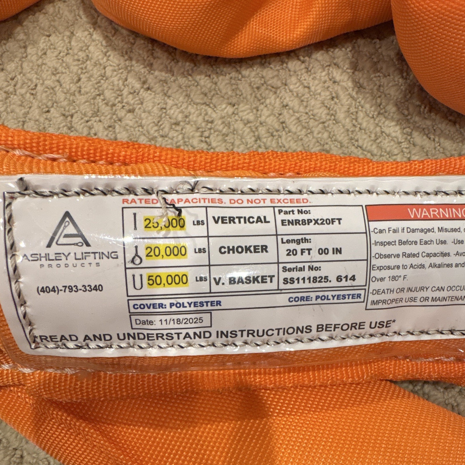 Ashley Lifting Products ENR8 Endless Polyester Round Sling 20ft Orange