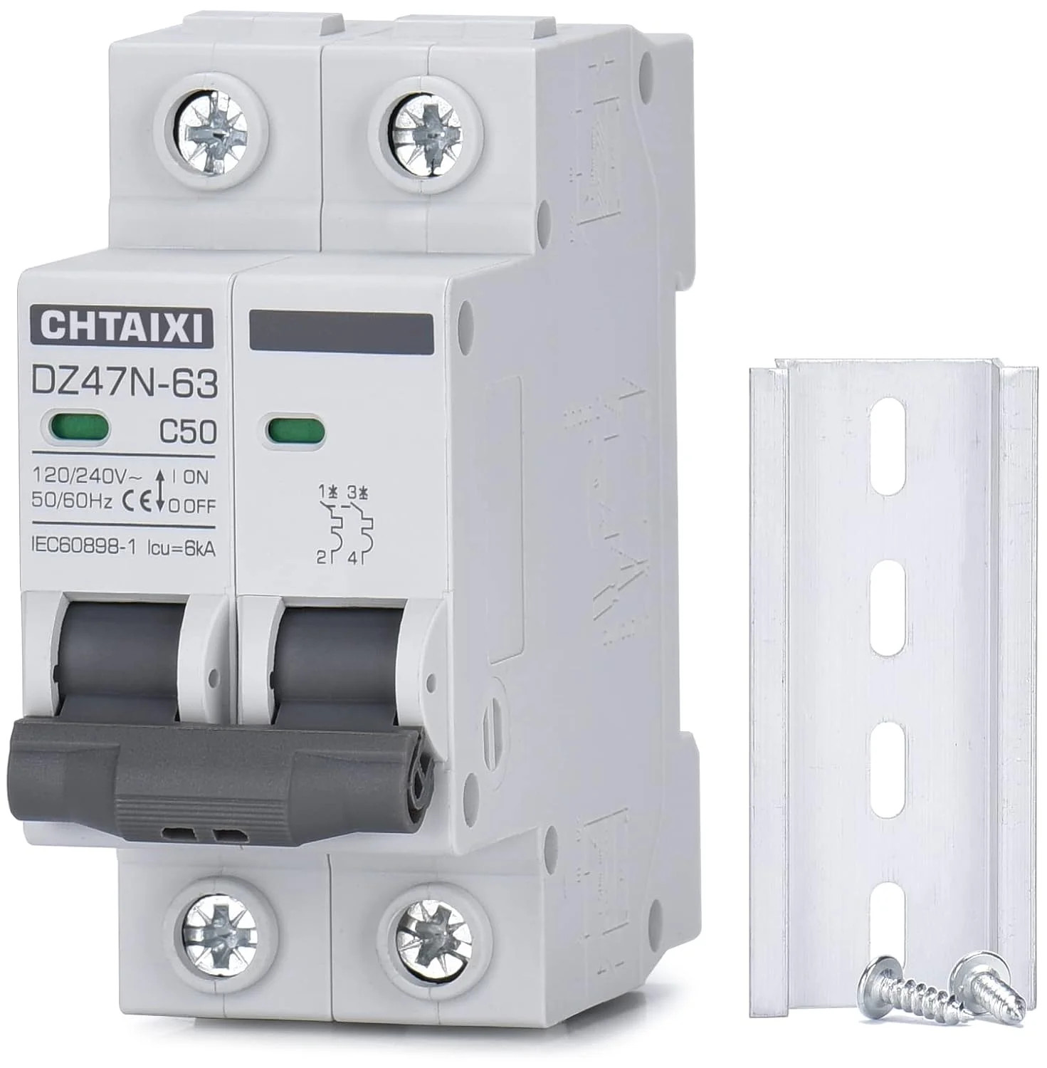 AC Miniature Circuit Breaker, 50 Amp 120V/240V 2 Pole | DIN Rail Mount, Thermal