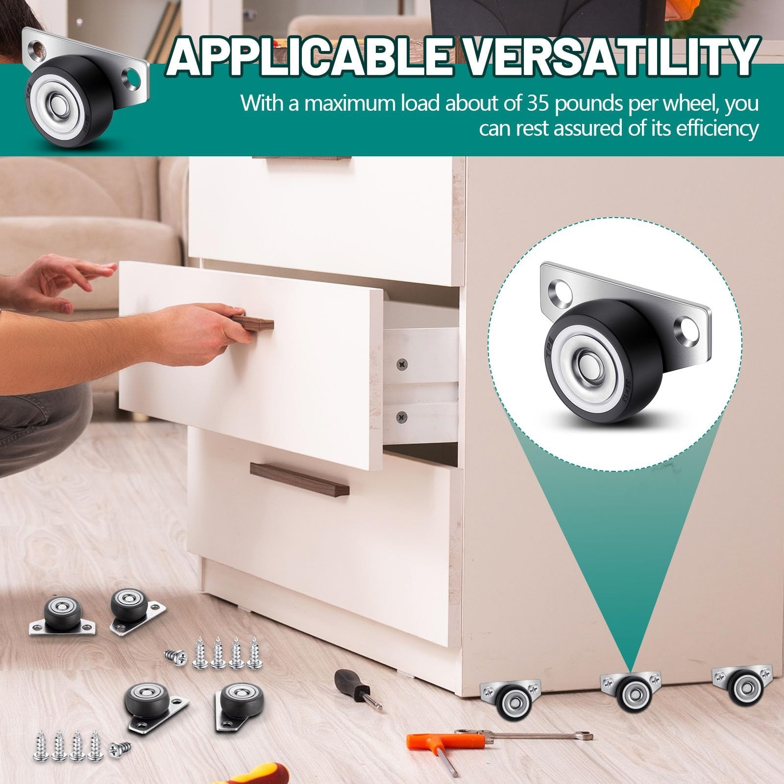 20 Set 1.25″ Mini Low Profile Caster Wheels for Drawers, Furniture, DIY Projects