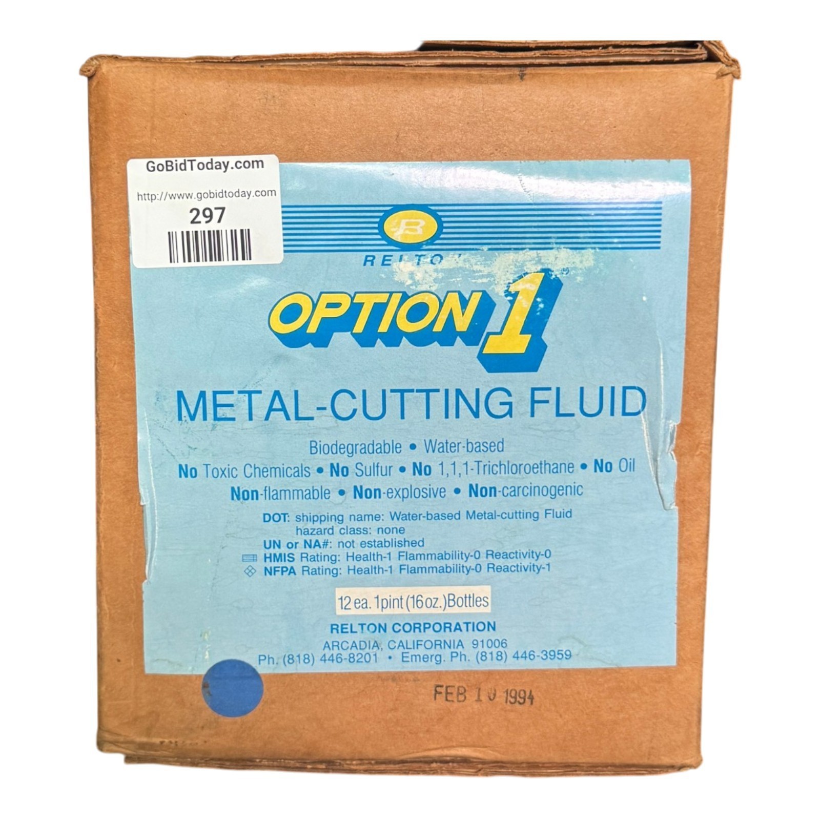 Relton Option 1 Metal Cutting Fluid 12 Pint Case NOS Water Based USA 1994